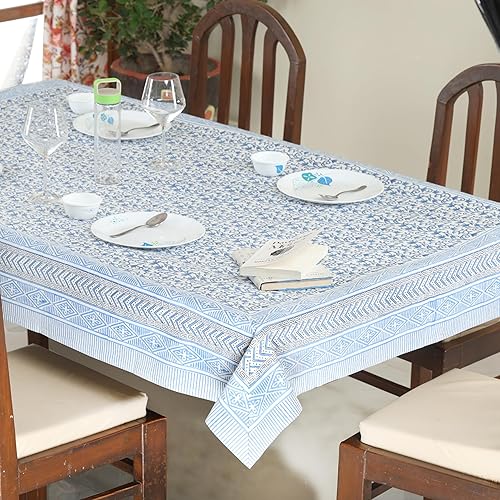 Miniatura 5 de ABHOOH Mantel de algodón, mantel rectangular azul con estampado a mano para decoración de mesa de cocina, comedor, fiestas, bodas, Acción de
