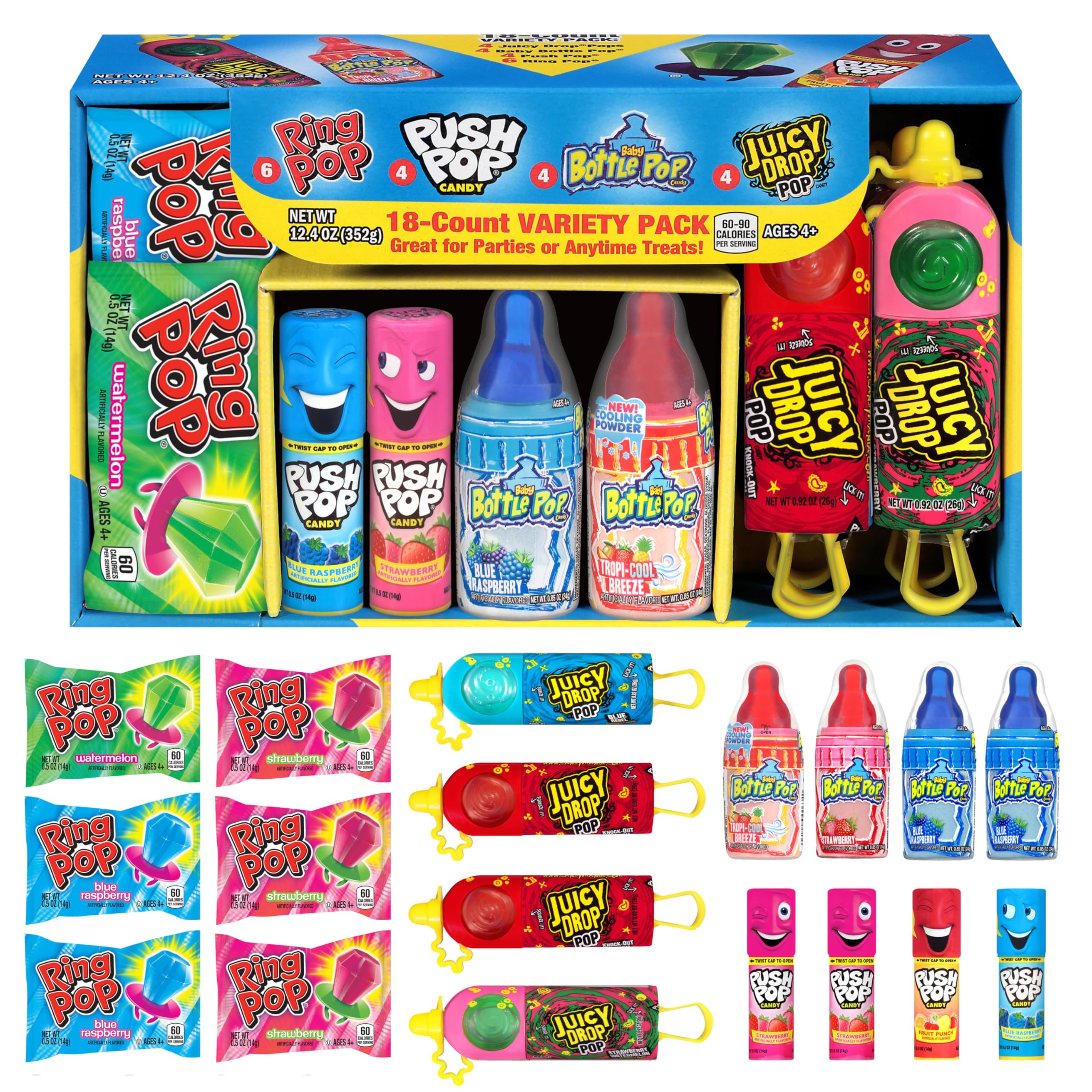 Bazooka Candy Variety Pack: 18 Count Assorted Lollipops, Ring Pop, Push Pop, Baby Bottle Pop, Juicy Drop - Candy for Easter Baskets, Gifts, Party Favors, Birthdays, Celebrations