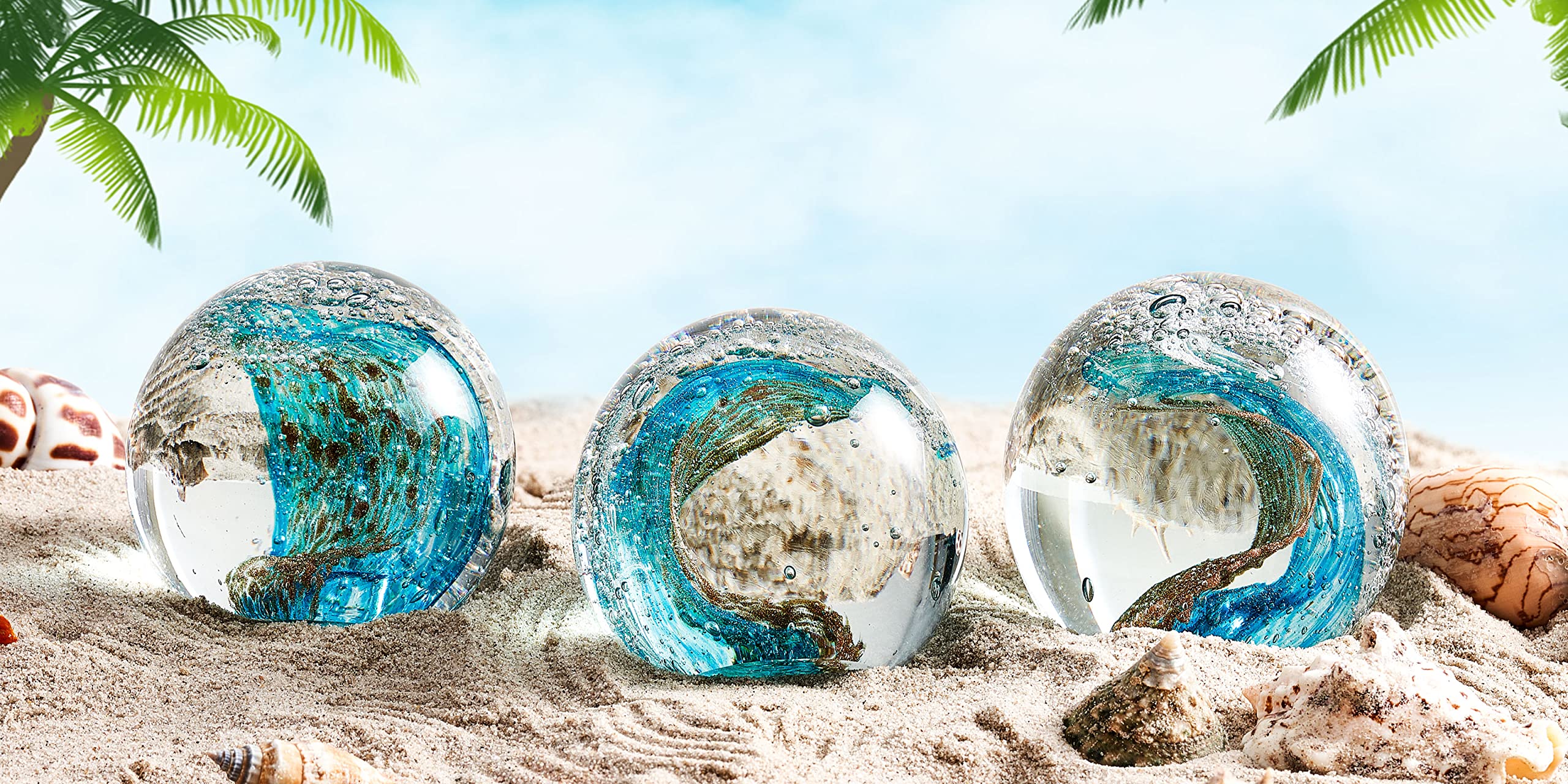 Figurines en verre soufflé à la main, motif vagues de l'océan, presse-papier de bureau pour bureau, décoration d'intérieur, décoration d'aquarium, décoration de bureau pour les amateurs de l'océan