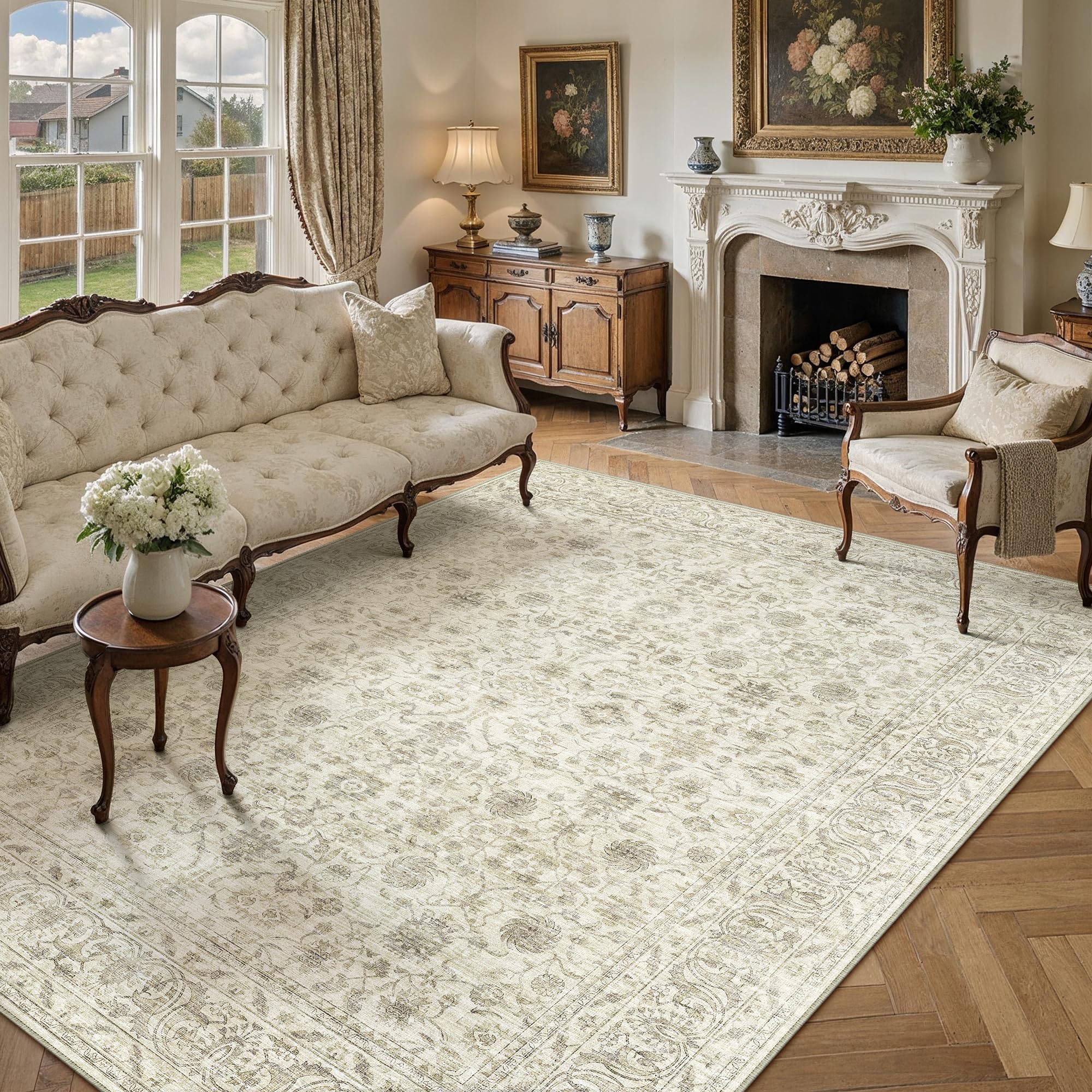 PureCozy 8x10 Area Rug Machine Washable Living Room Bedroom Vintage Distressed Non Slip Carpet Indoor Large Low Plie Thin Beige Dining Room Office Retro Accent Throw Rug: 8' x 10' (Rectangular) Accent | Beige
