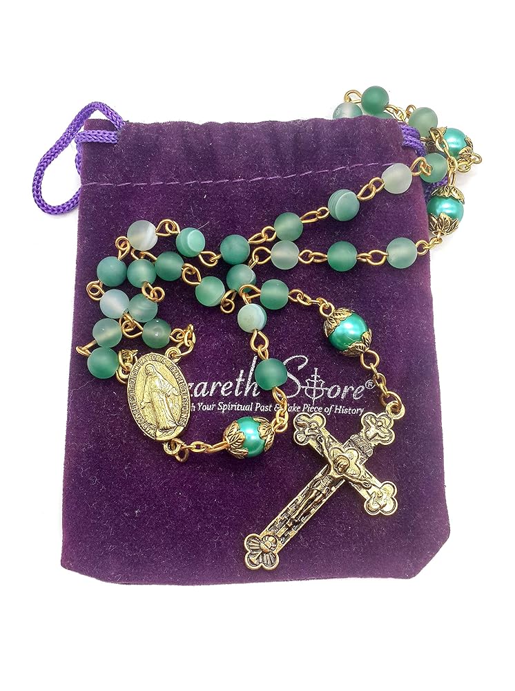 Chapelet Catholique Perles Cristal Vert 10mm - Médaillon Cœur Miraculeux Et Croix Dorée | Collier Religieux