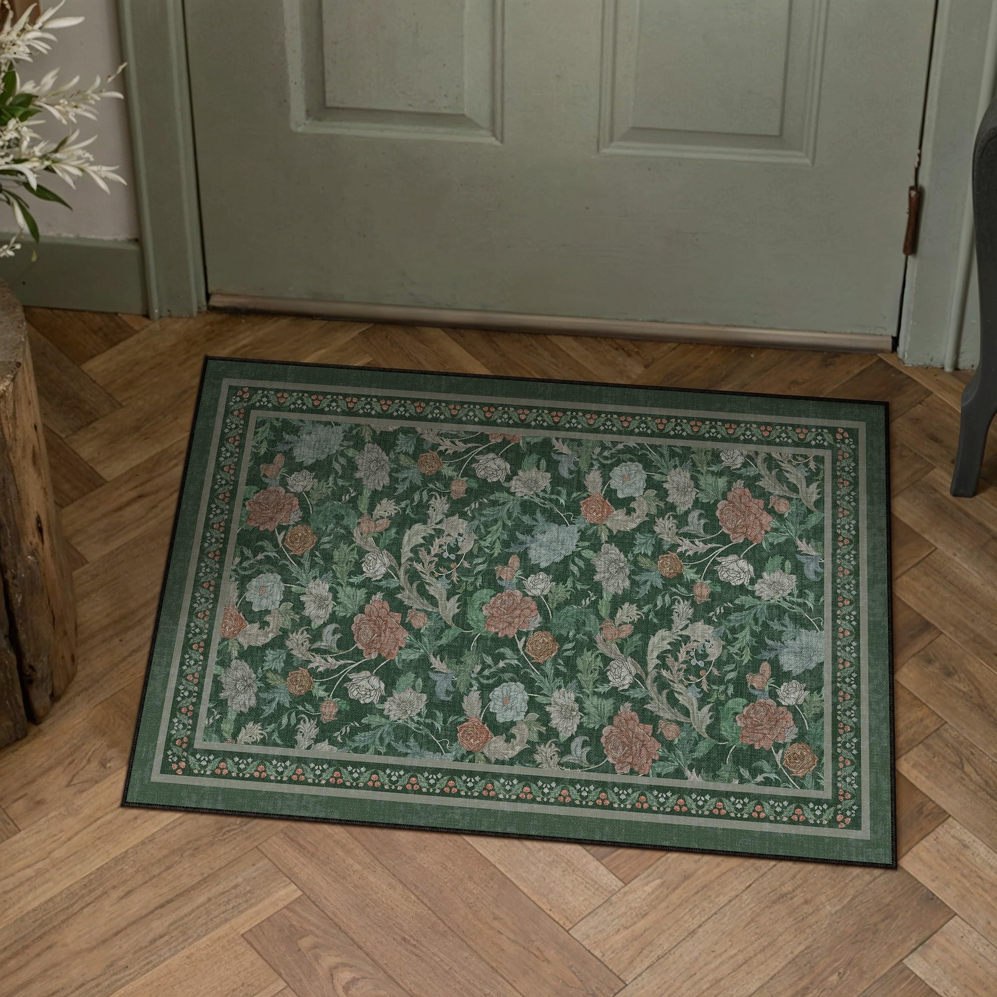 hugear retro 2x3 area rugs washable small entryway rugs door mat vintage floral throw carpet green stain resistant non slip low pile for home aesthetic modern decor