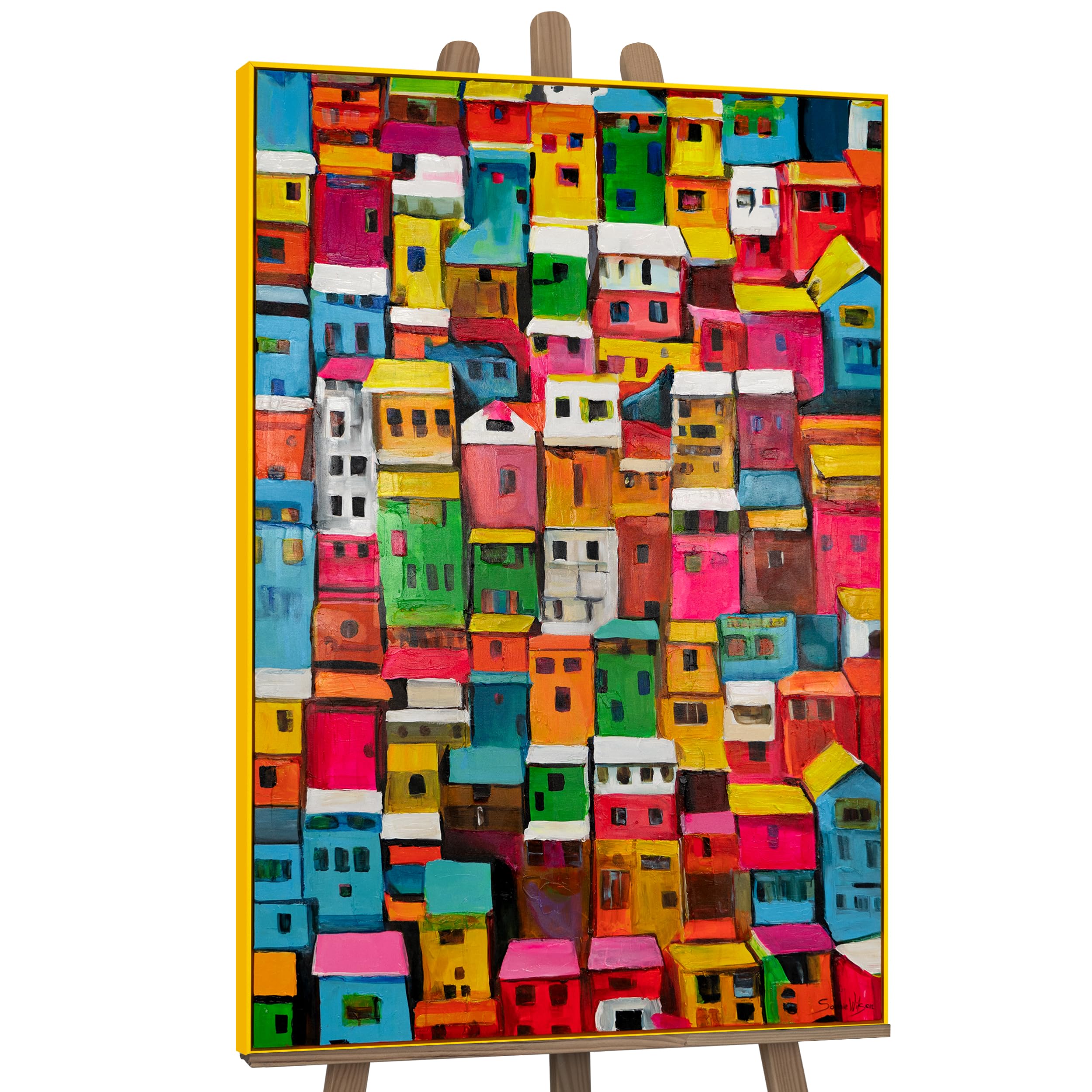 YS-Art Original Handmade Colorful Abstract Cityscape Painting – Acrylic Canvas, Contemporary Framed Canvas Artwork for Living Room Decor 48x32 inches