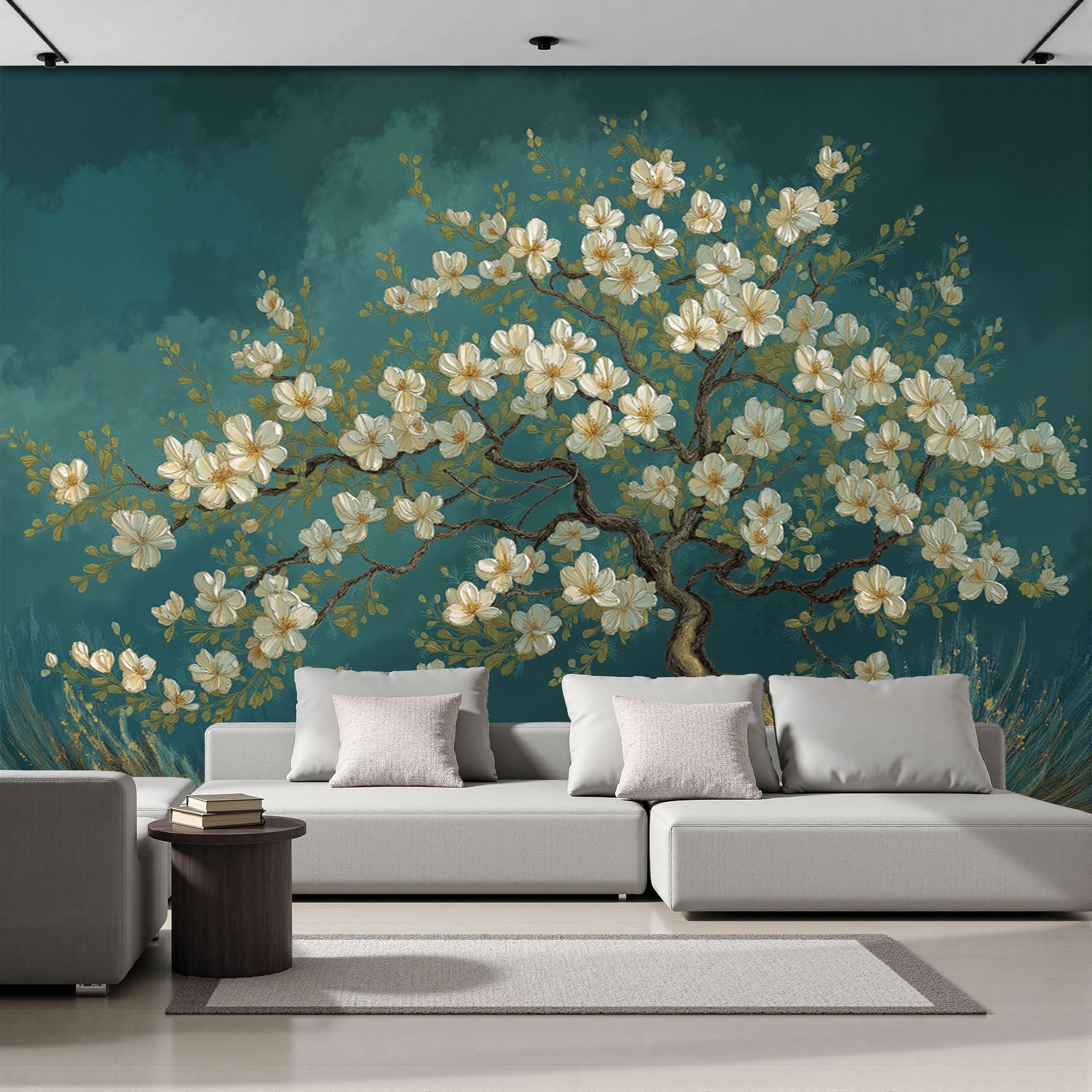 Papier Peint en Soie Arbre à Fleurs Blanches Effet Huile Vintage 200x140cm