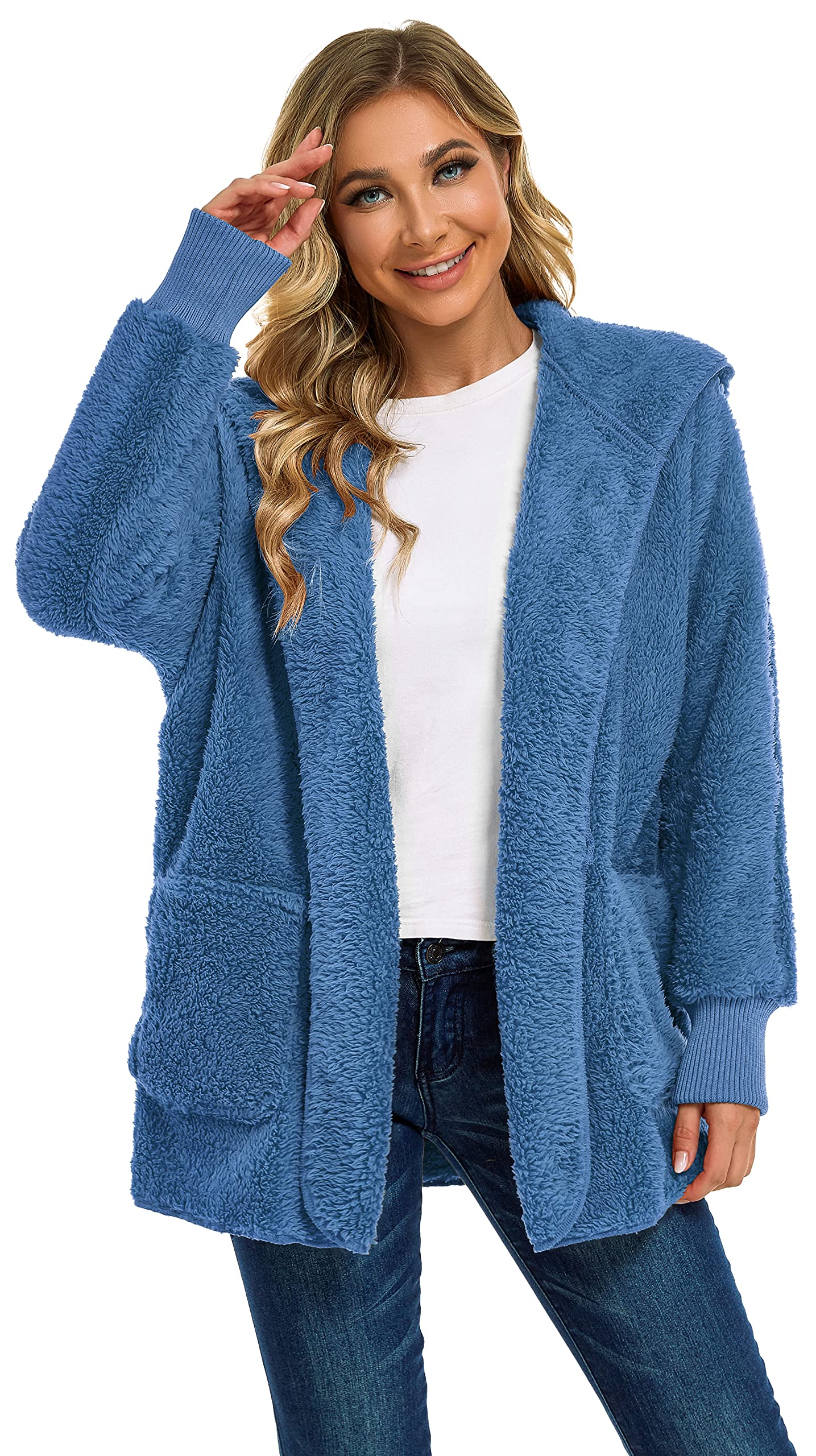 CHICGAL Giacca pelosa da donna con cappuccio, aperto sul davanti, in sherpa, con tasche