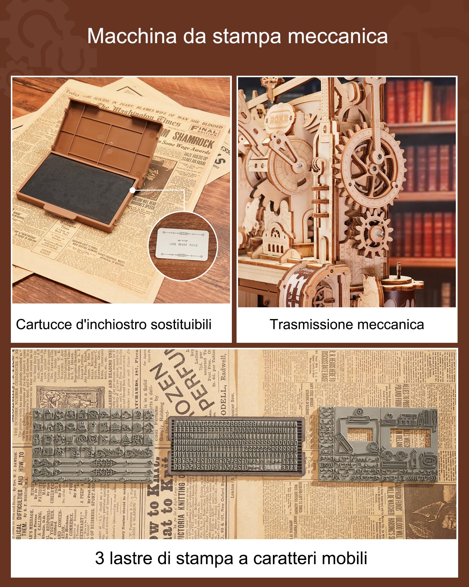 ROKR Puzzle 3D in Legno Kit di Modelli Modellismo da Costruire Adulti, Macchina da Stampa Classica Ingranaggi Meccanici, Regali di Compleanno di Natale, 303 Parti, LK602