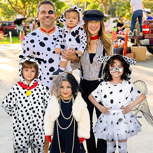 Miniatura 9 de QZYL Disfraz de Dálmata de Halloween, trajes de cosplay de cachorro manchado, camiseta tutú con diadema, cola y nariz, corbatín y calcetines para