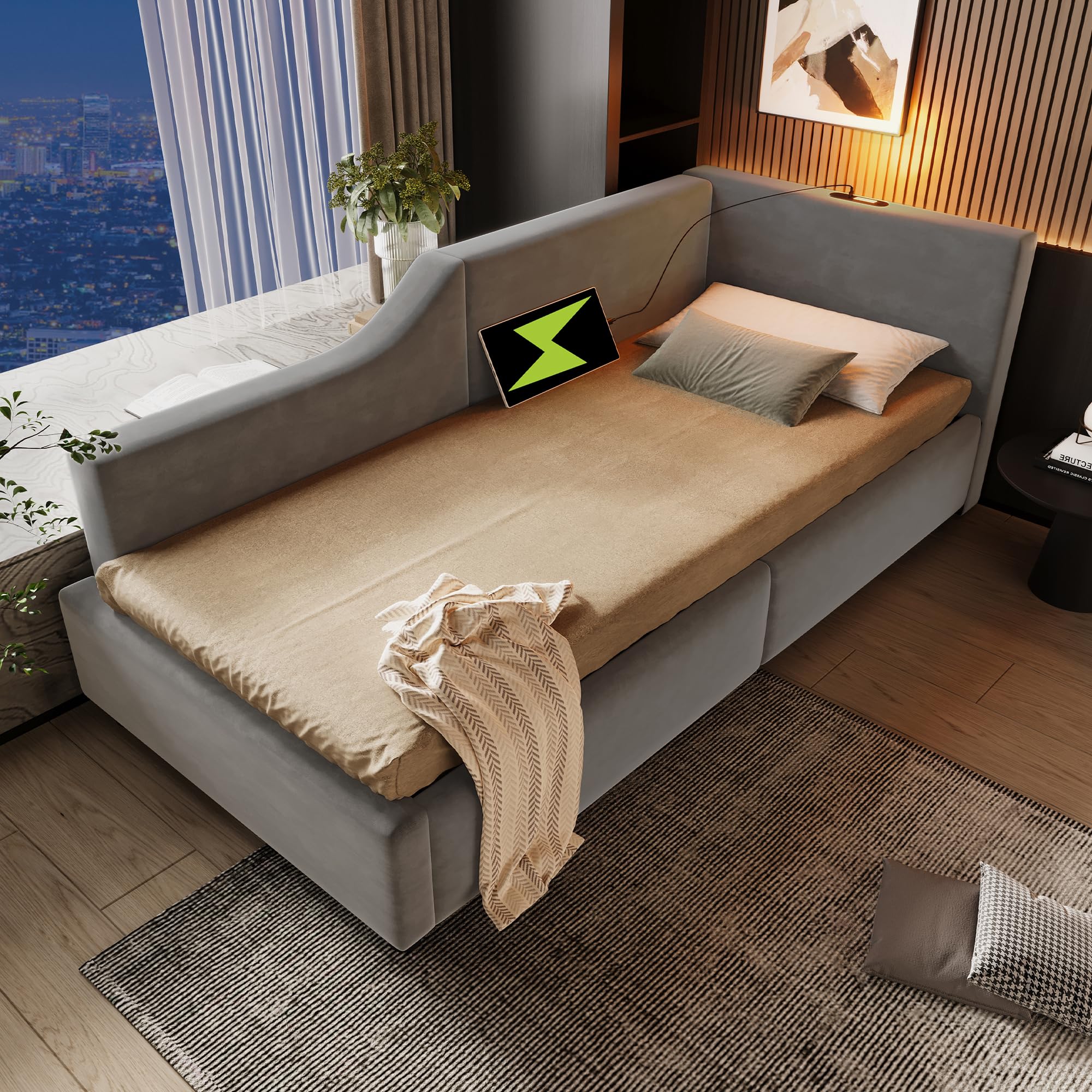 Cama tapizada de 90x190 cm, Cama Individual Daybed con luz de Lectura y Carga USB-C Cabecero, Sofá Cama Juvenil con Almacenamiento Hidráulico, Marco con Listones de Madera, Sin colchón, Gris