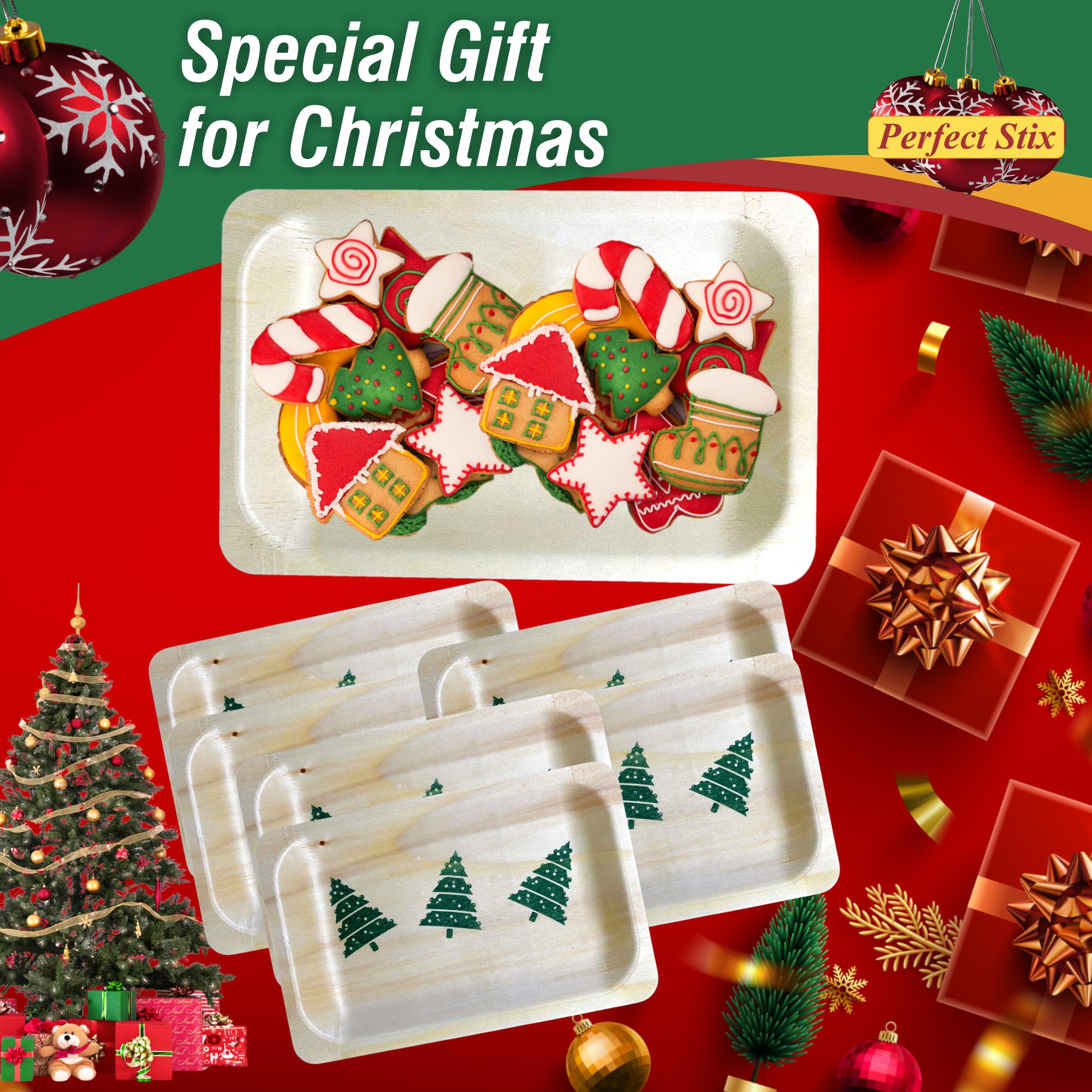 Perfect Stix Plato de madera desechable de 17,78 cm con estampado de árbol de Navidad, paquete de 25 unidades