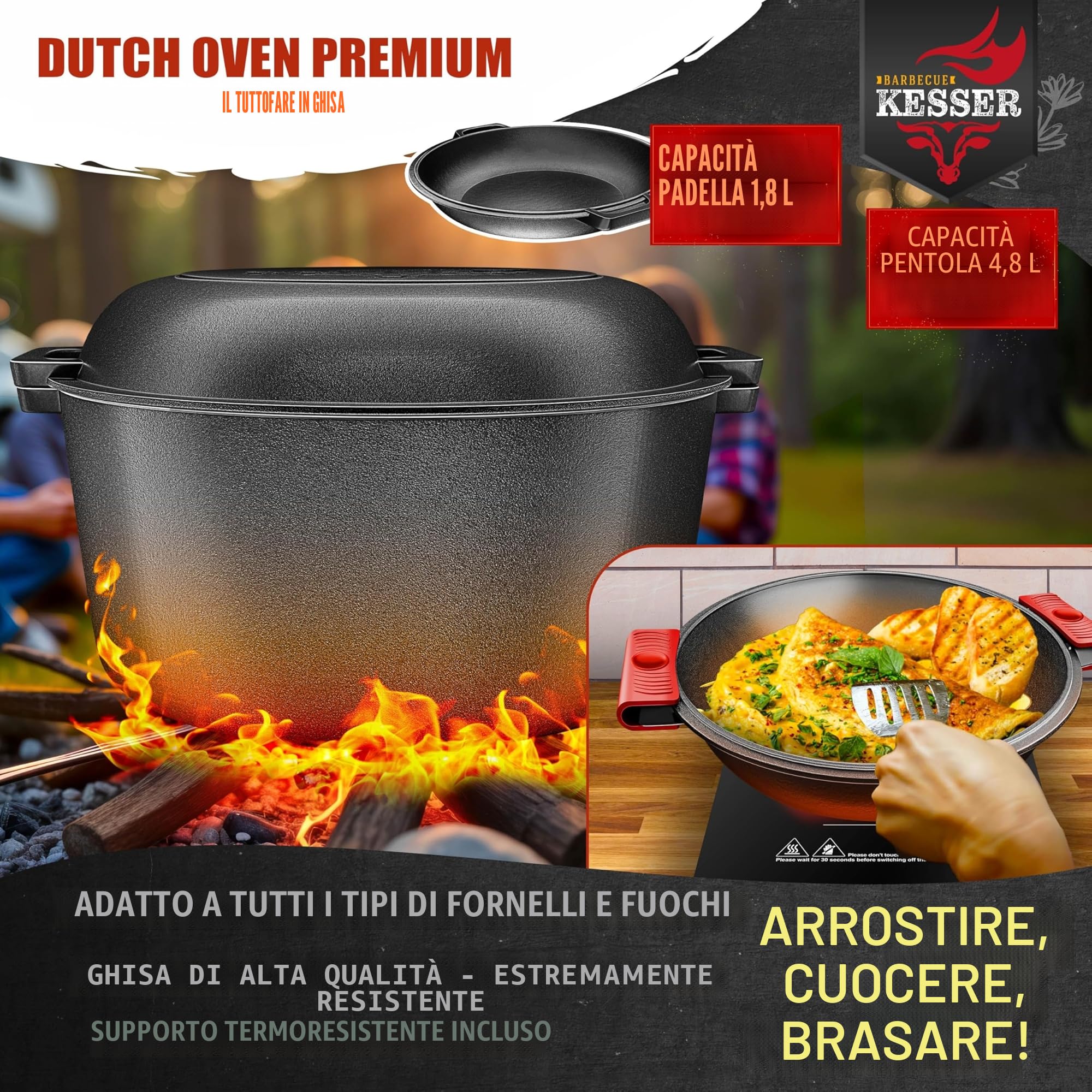KESSER® Forno Olandese pentola in ghisa 2in1 da 4,8 l e padella da 1,8 l pronta per l'uso incl. Ricettario Casseruola Coperchio/padella a doppia funzione