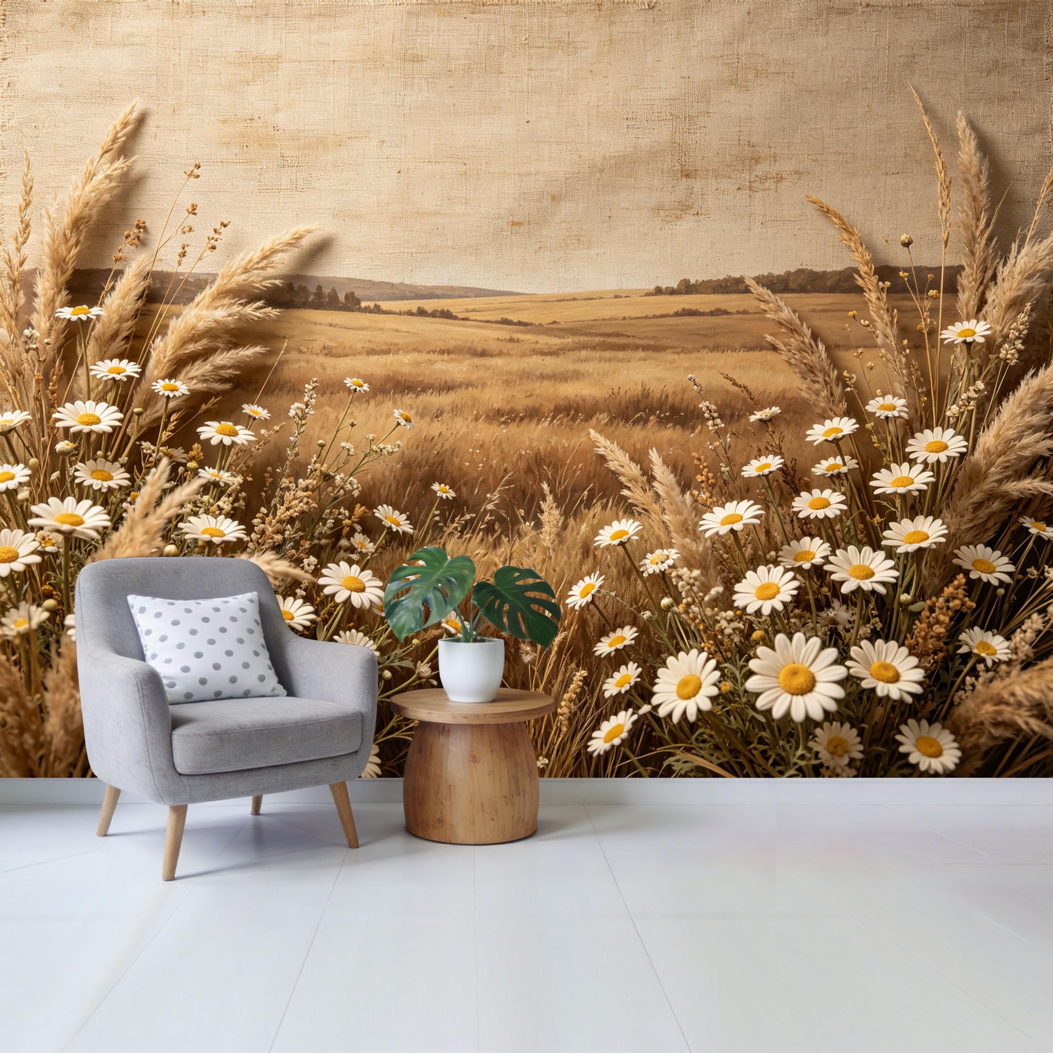 Qzlithotic Yq2605250419 Custom Size Wall Mural Rustic Wheat Field Daisy Flower Meadow Farmhouse Oil Painting Selfadhesive Wall Fabric Removable Wallpaper For Home Office Decor