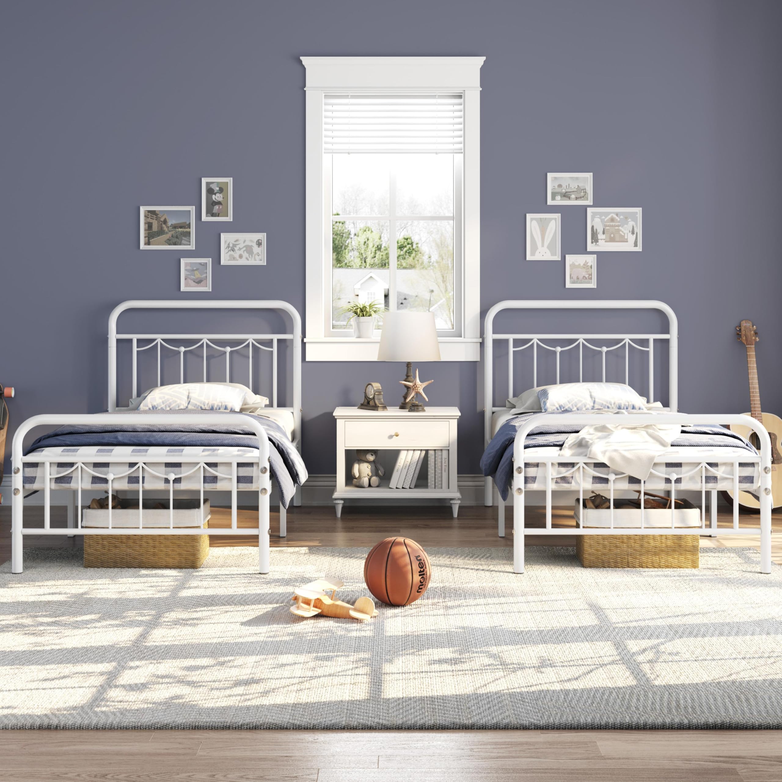 Yaheetech 2pcs Twin Bed Frames Metal Platform Bed with Antique Style Iron Headboard and Footboard/Easy Assembly/No Box Spring Needed/White Twin Bed