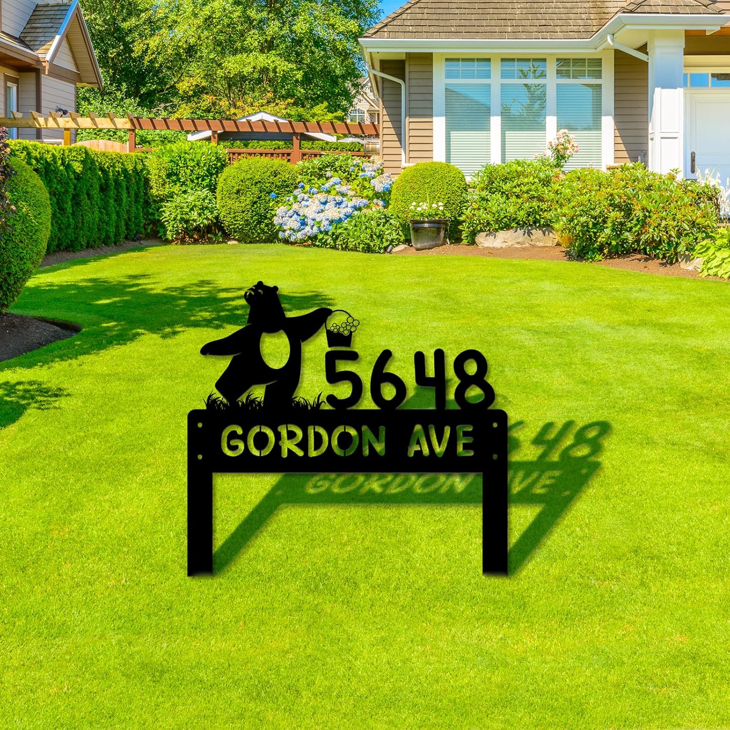 Personalized Address Signs, Personalized Address Metal Address Signs for Outside Gardening Decor, Customized Address Number Signs for Front Door, Garden Stake Metal Sign (Bear)