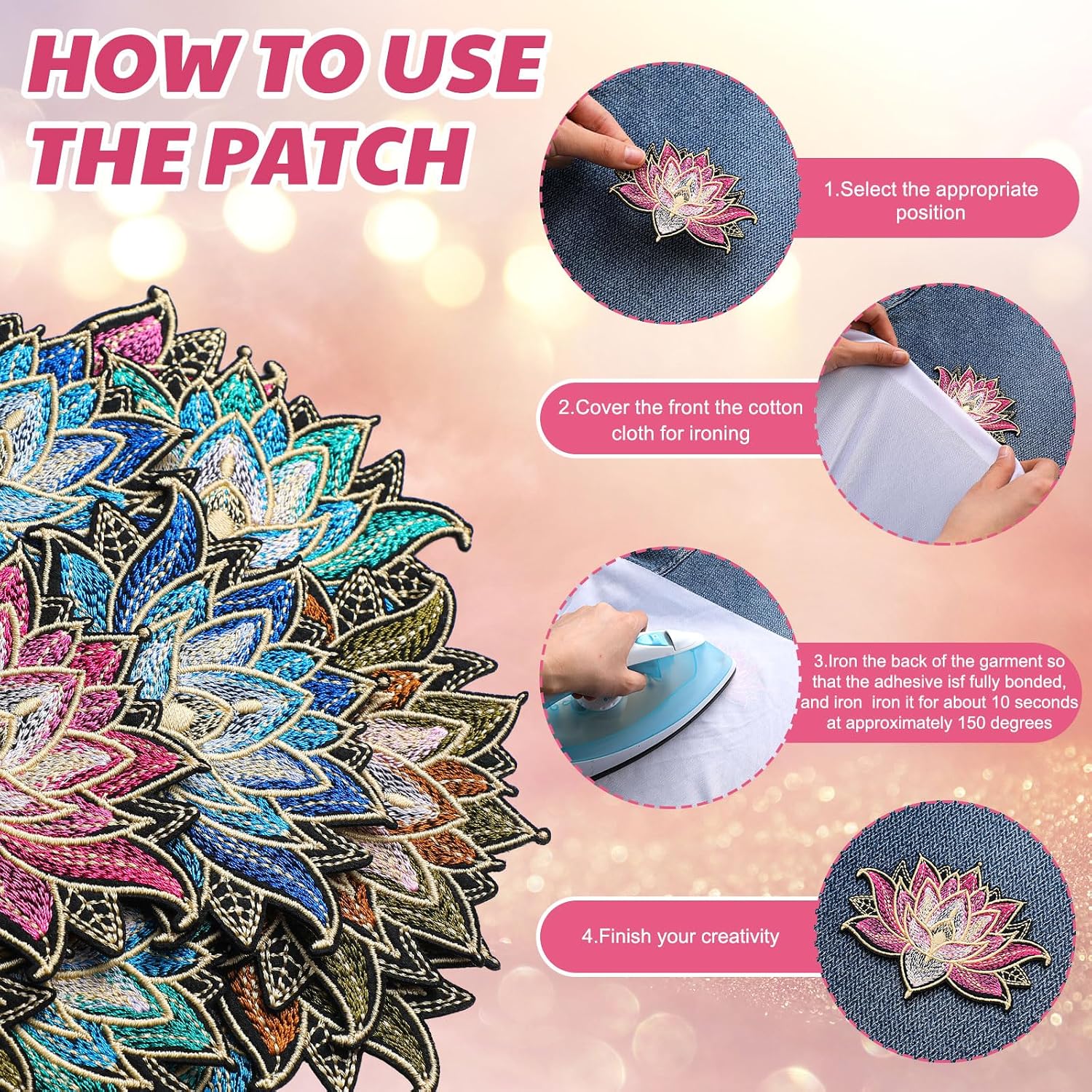 Suncalla 12 Pcs Lotus Flower Iron on Patches Flower Embroidery Applique Patches Mandala Floral Sew on Applique Decorative Beautiful Floral Stickers for DIY Clothing Backpack Tshirt Jeans Skirt Hat Bag