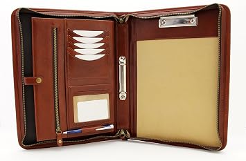 Noda Executive Leather Padfolio 2 Ring Binder Professional Business Portfolio w/Zippered Closure | Resume, Document, Notepad, Tablet, Clipboard, Writing Pad Organizer | Men, Women Cognac