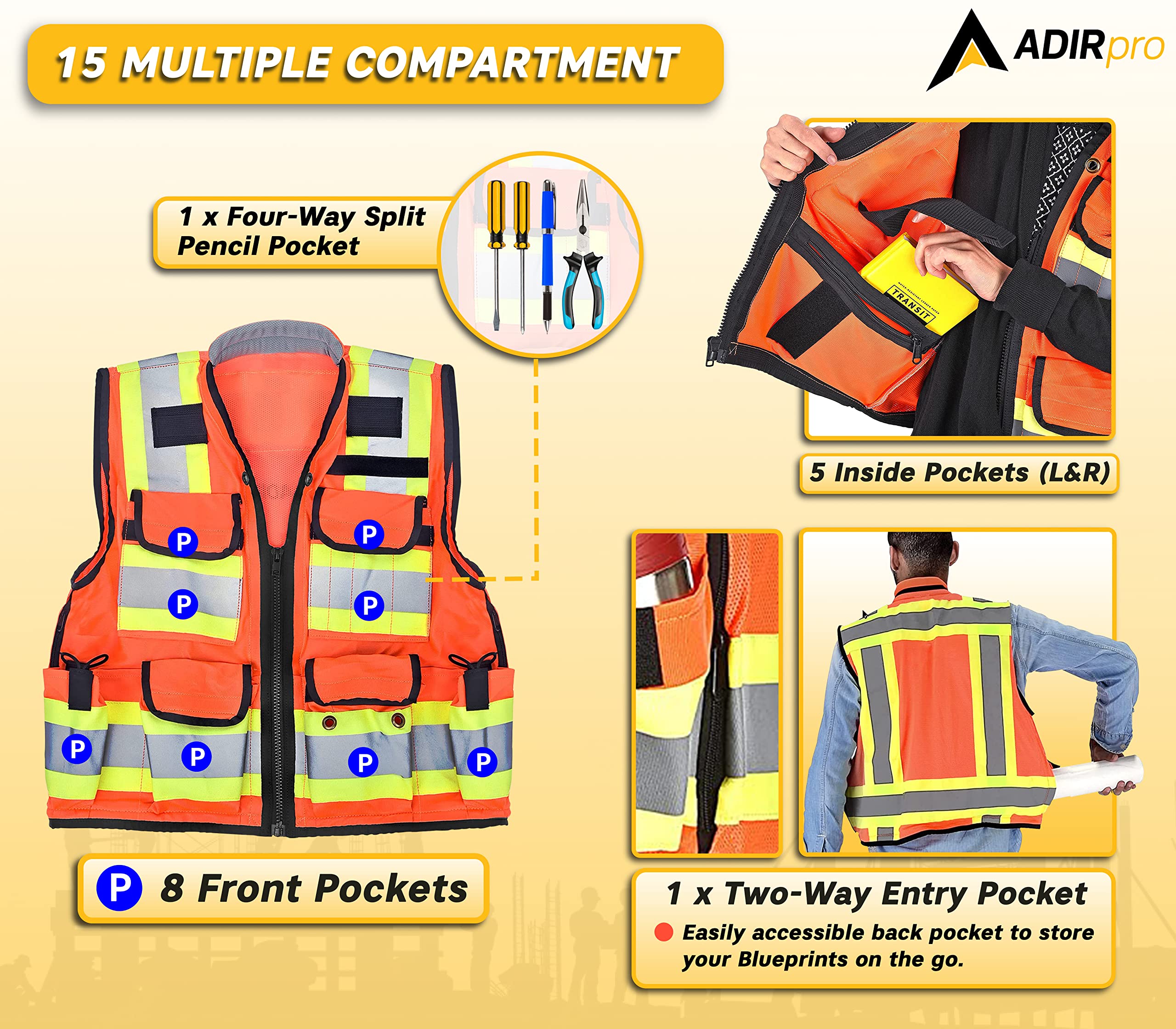 AdirPro - Chaleco de seguridad resistente conforme a ANSI, chaleco reflectante de alta visibilidad con cremallera y bolsillos utilitarios para inspectores, ingenieros, trabajadores de la construcción