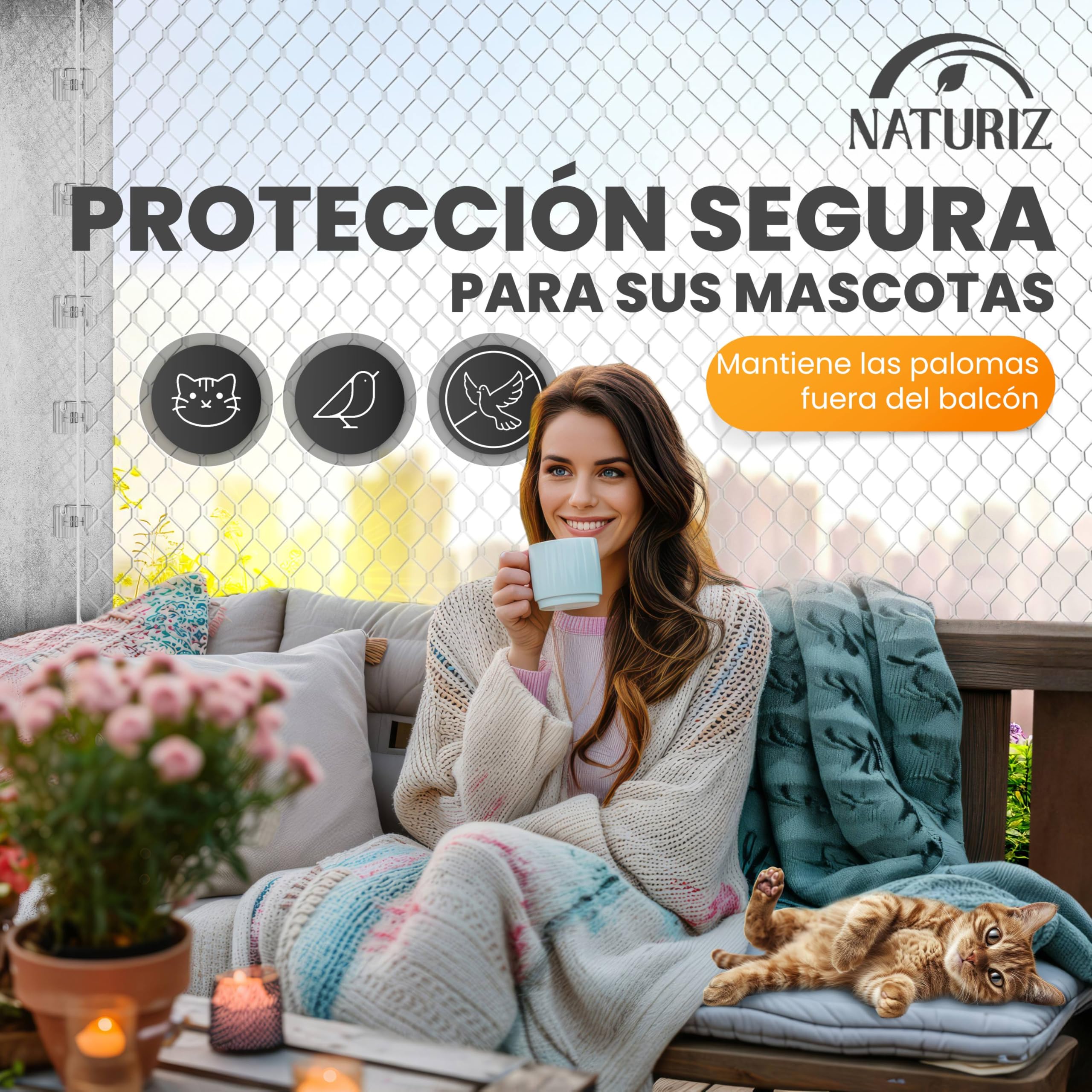 Naturiz Red para gatos para balcón sin agujeros, 3 x 4 m, red para gatos reforzada con alambre transparente/blanco, incluye ganchos adhesivos, red de protección para gatos para balcón y ventana, red