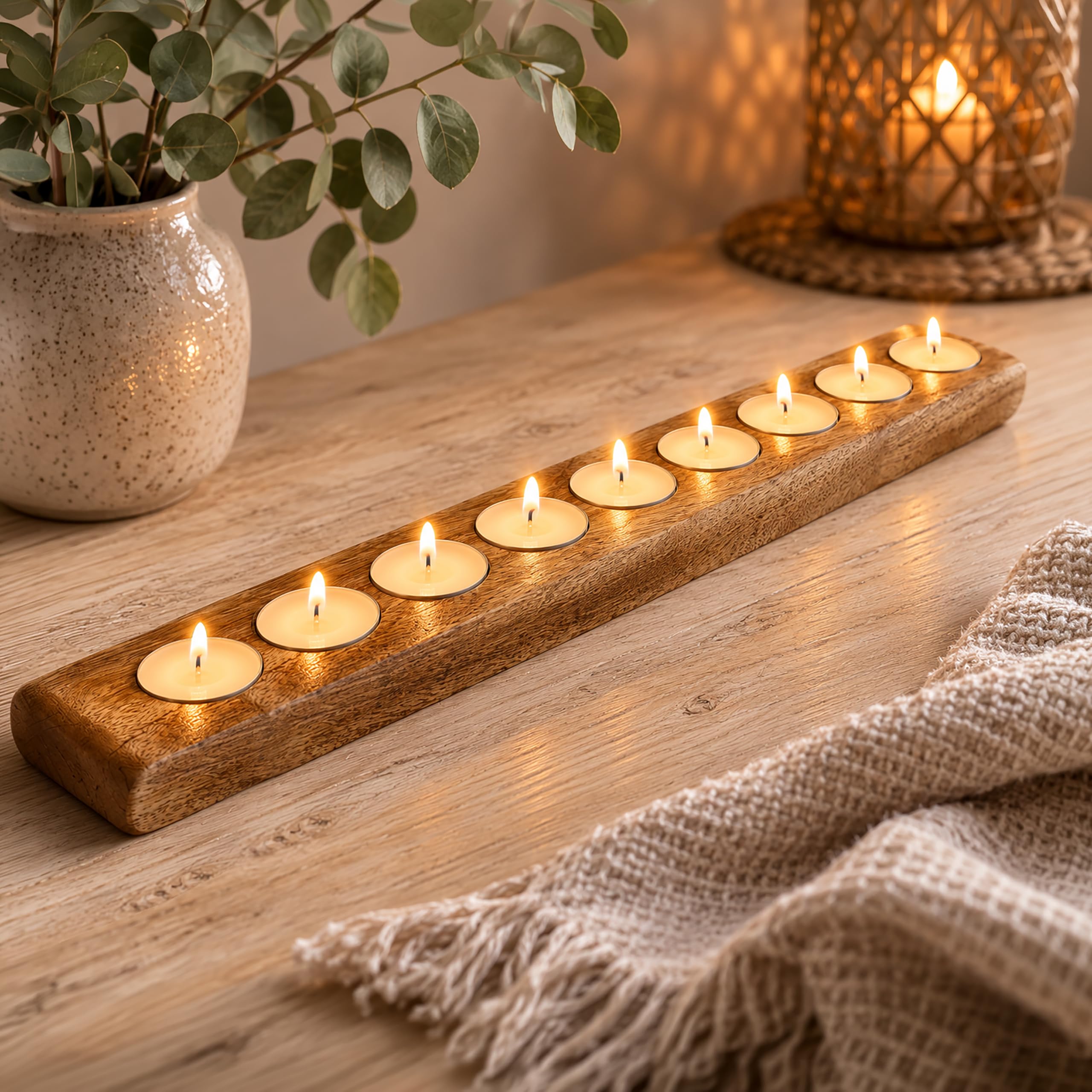 Mango Wood 9 Tealight Candle Holder with 9 Tealights Included 46cm