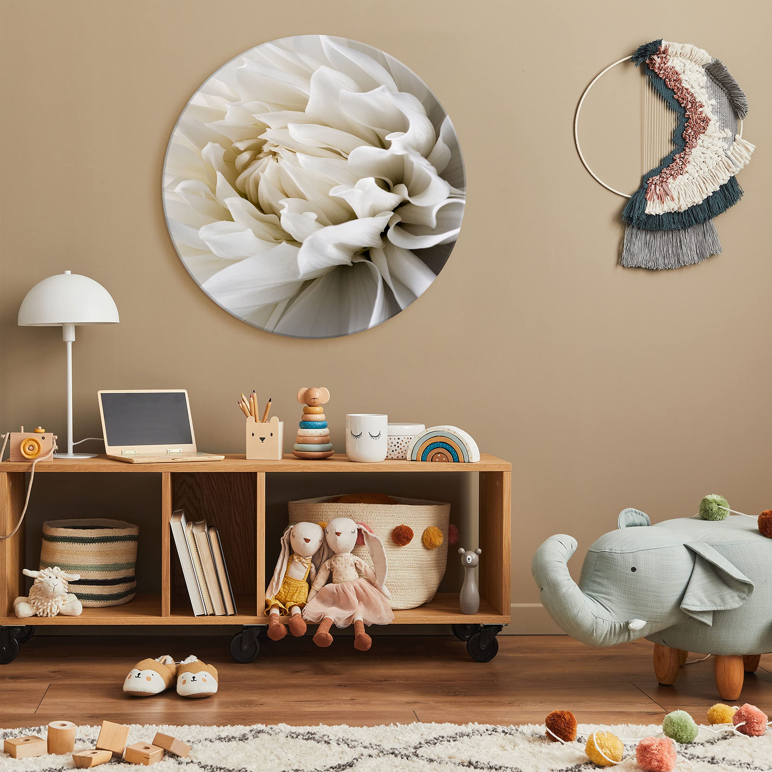 murando Cuadro Redondo en Lienzo Blanco Flores 60x60 cm Impresión de 1 parte Material Impresión Artística Imagen Gráfica Decoracion de Pared Naturaleza planta Panorama b-B-0112-bc-a