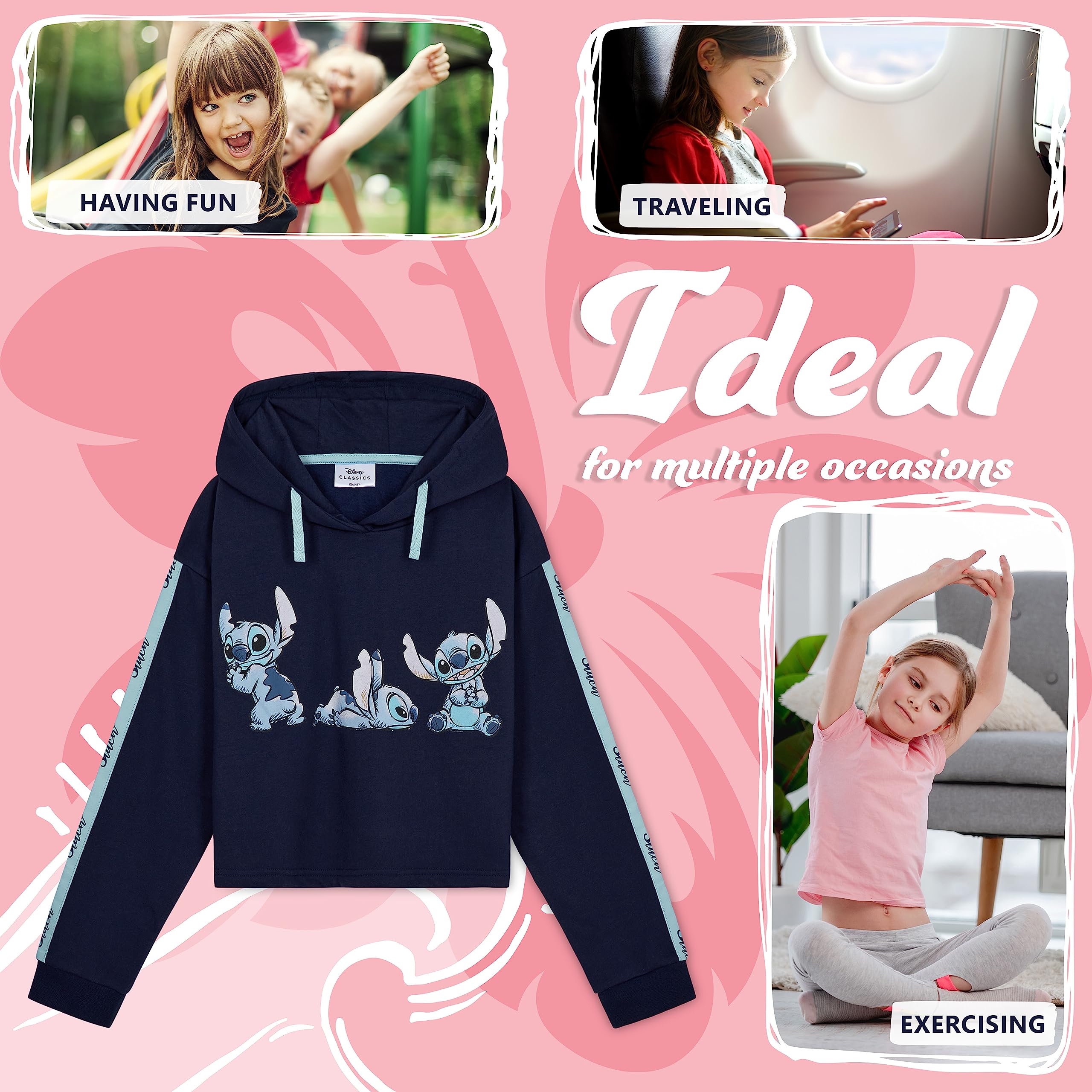 Disney Felpa Bambina Felpa Ragazza 7-14 Anni Felpa con Cappuccio Cotone Misto Gadget Stitch Regalo Ragazze Bambine