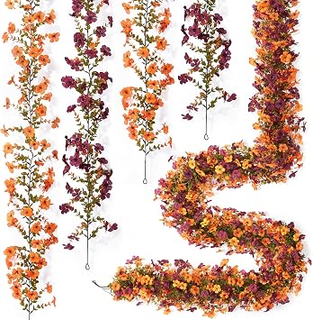 Ammyoo Artificial Flowers Garland Ivy, 4 Pack 5.9 FT Fall Decor | UV Resistant Fake Mums Floral Vine Silk Daisy Hanging Flower for Home Garden Wedding Decor Photo Booth BackdropMix 2 Colors