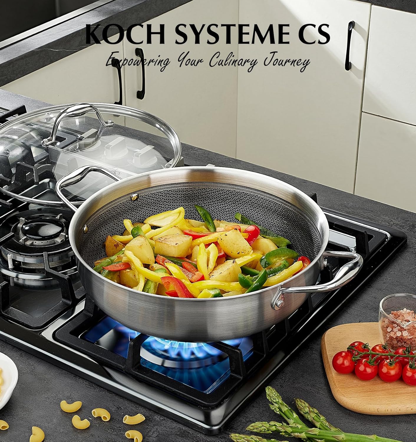 KOCH SYSTEME CS Triply Stainless Steel Saute Pan 12 Inch, Nonstick Hybird Stainless Steel Saute Pan with Lid, 6 Quart Deep Frying Pan with Honeycomb Interior, 18/10 Steel Pans, Induction Compatible