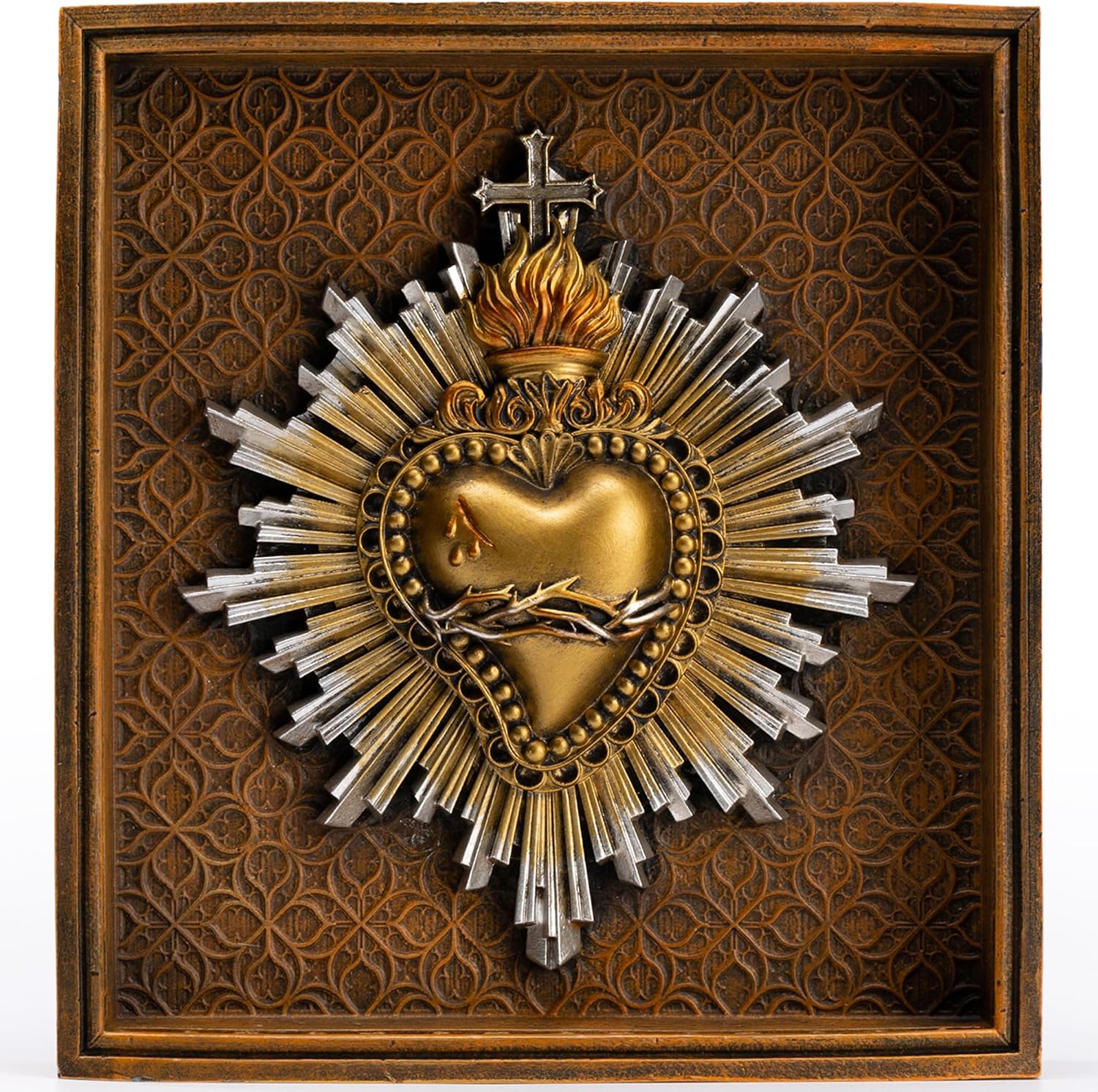 DevotedWalls Sacred Heart of Jesus Framed Wall Decor, 7.2 Inch Antique Gold Finish Catholic Art, Flame Cross Thorns Home Altar Gift Religious Wall Art