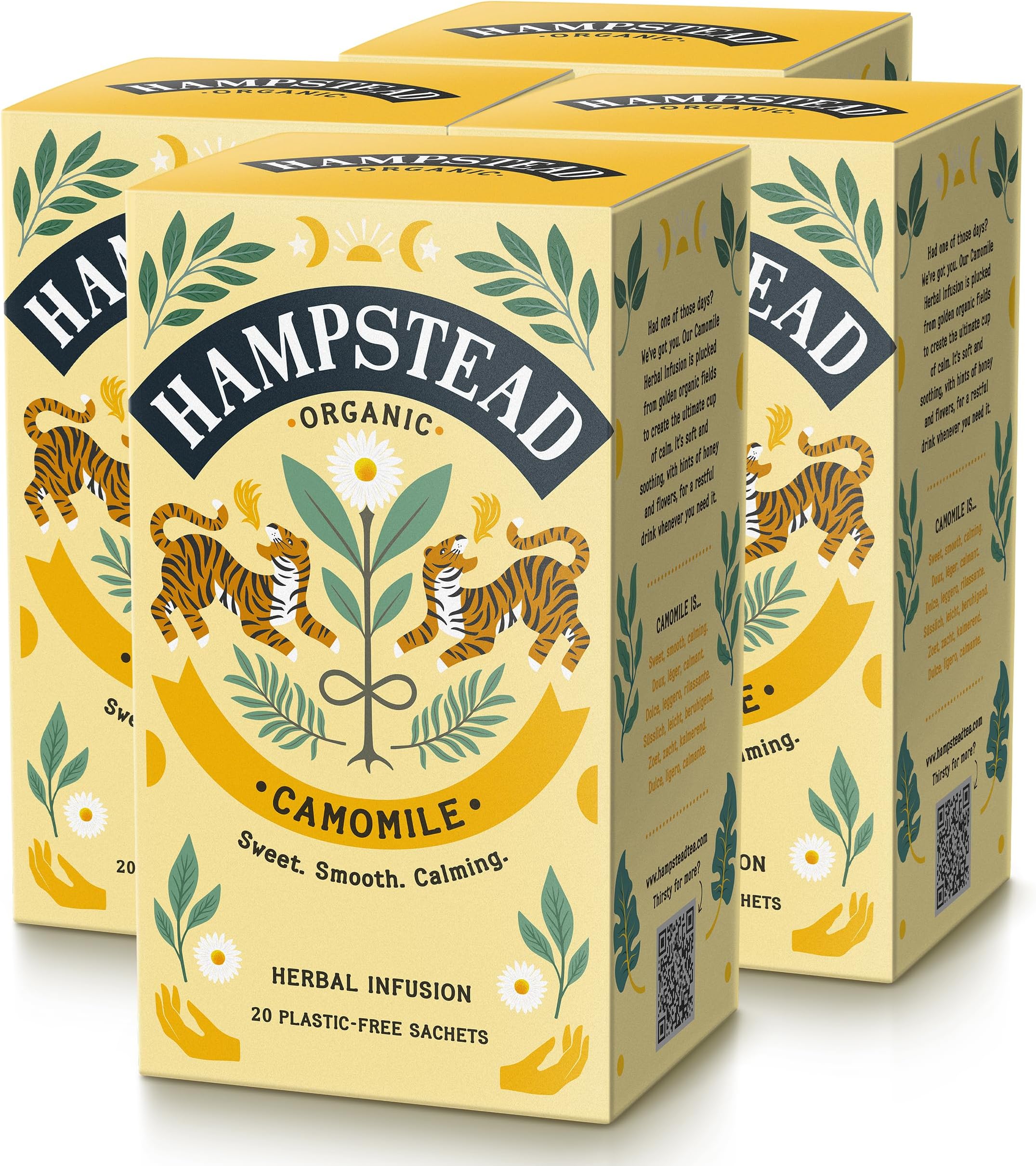 Hampstead Organic Camomile Tea Bags (4 Packs of 20), Herbal Tea Chamomile Flowers Infusion, 100% Organic Brew with Honey Notes, Home-Compostable Bags, Ethically Sourced Herbal Drink for Calm Moments