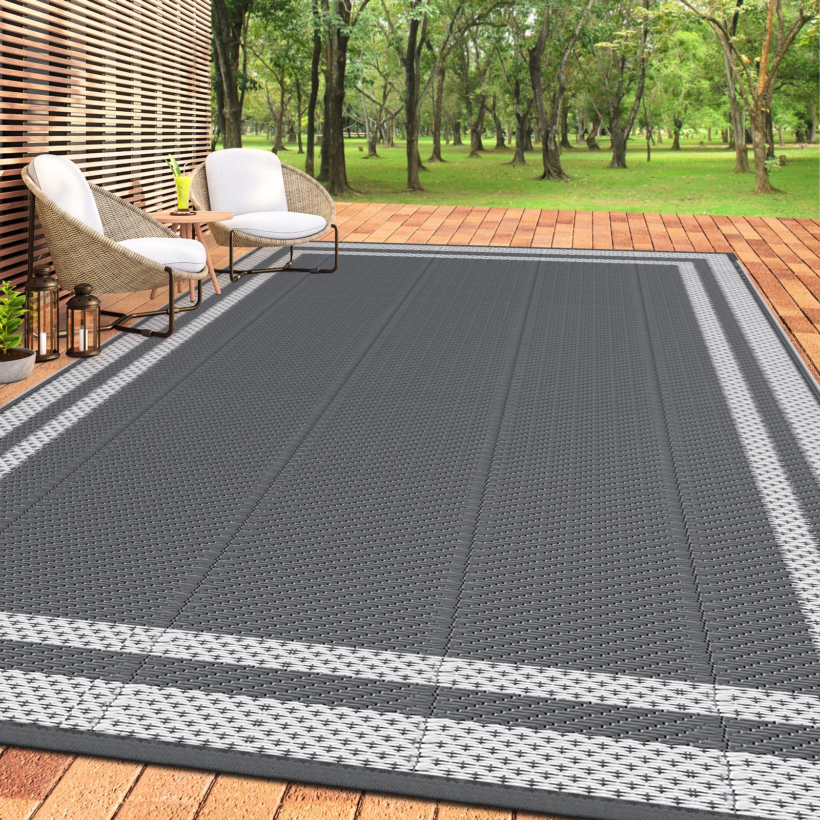 HappyTrends,Outdoor Rug,Patio Rug,Reversible Portable Plastic Straw Rug,Camping Rugs for Outside RV,Large Waterproof Area Rugs for Patio,Deck,Picnic,Porch,Balcony(6'x 9',White&Gray)