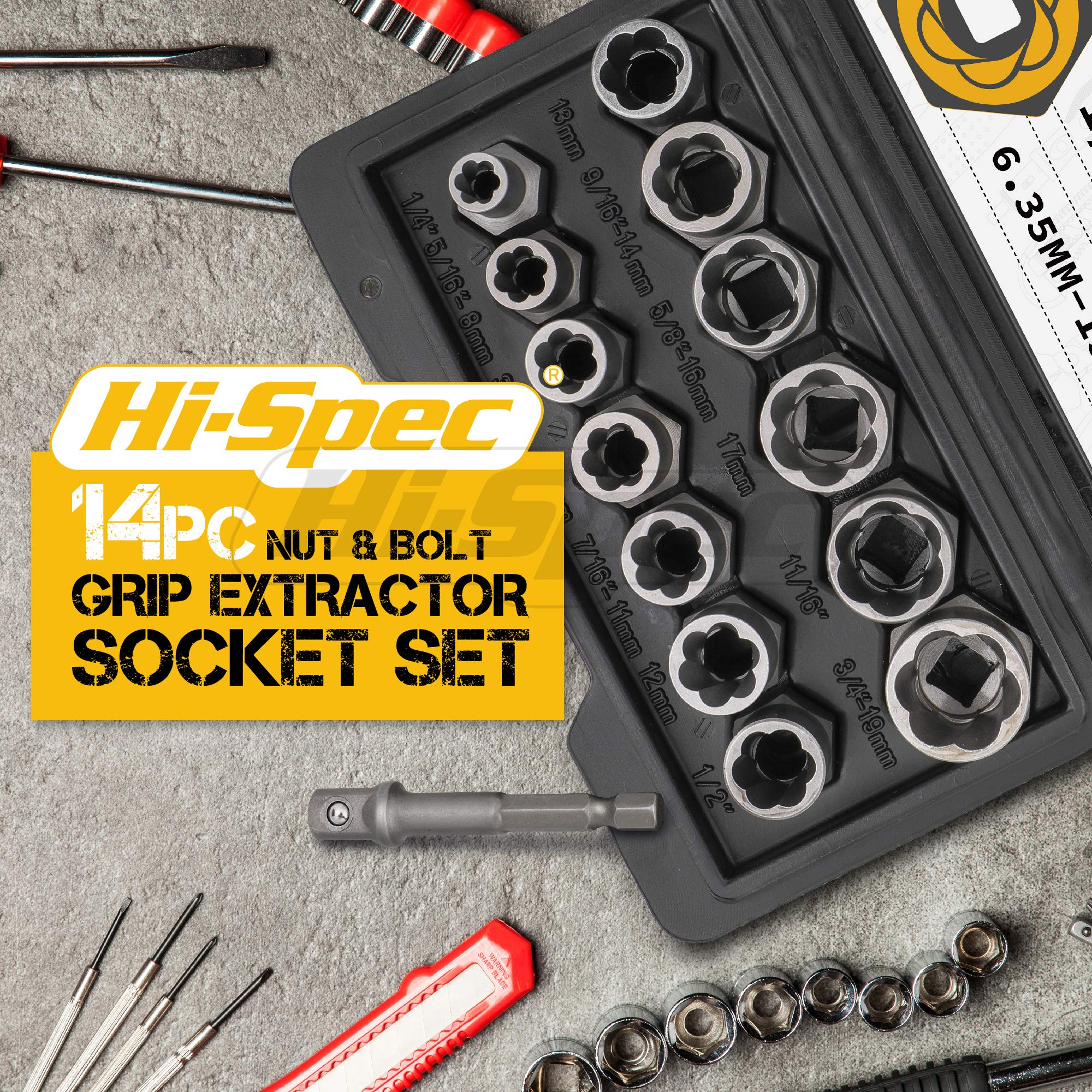 HiSpec 14 Piece Nut & Bolt Grip Extractor Socket Set for Removing Stripped & Stuck Fasteners