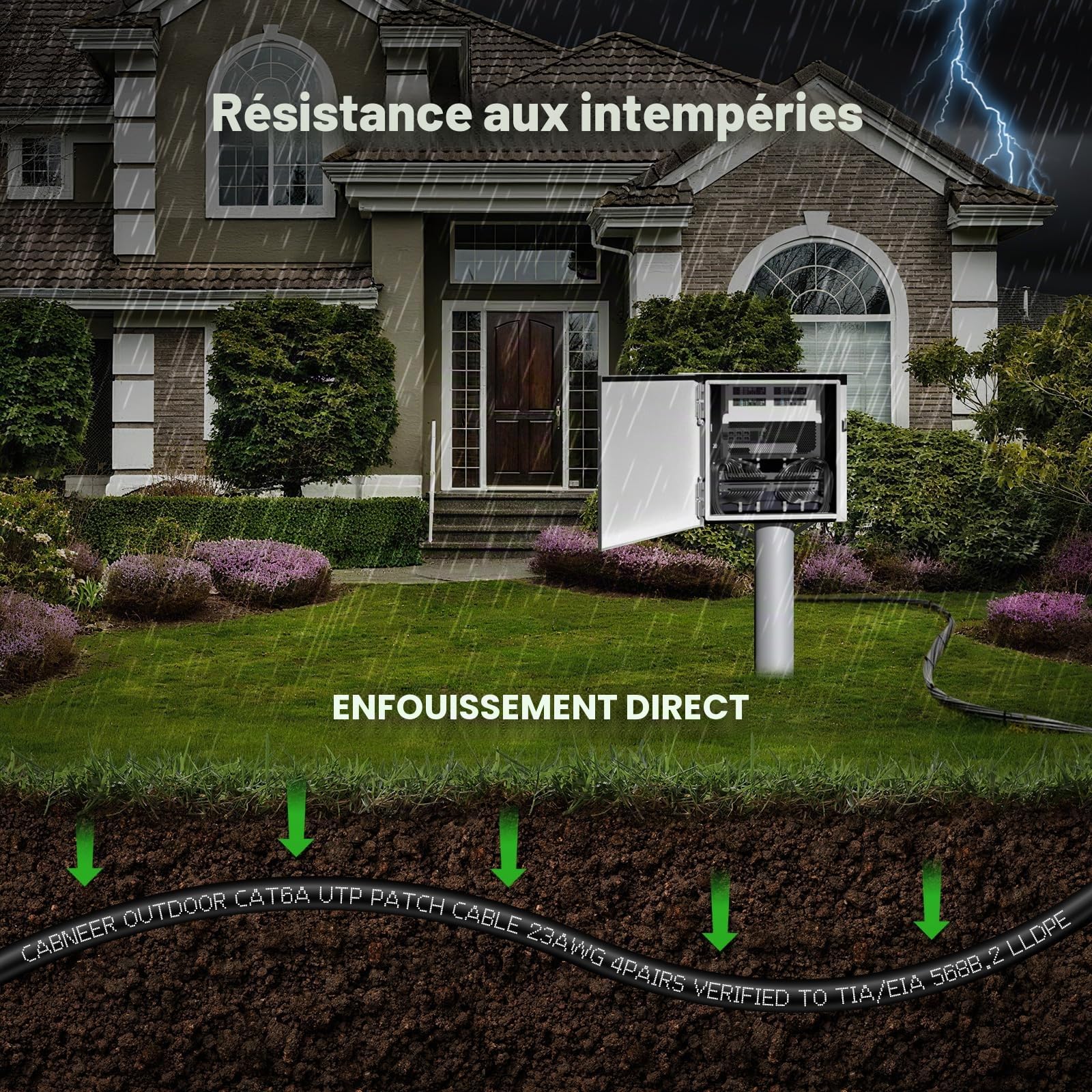 Cable Ethernet Extérieur Cat 6A 100m 23 AWG LLDPE 10 Gbps 550MHz, Résistant UV/Intempéries, Enfouissement Direct, Câble RJ45 Réseau Internet Gigabit Haute Vitesse UTP CCA, 80 Attaches Noires