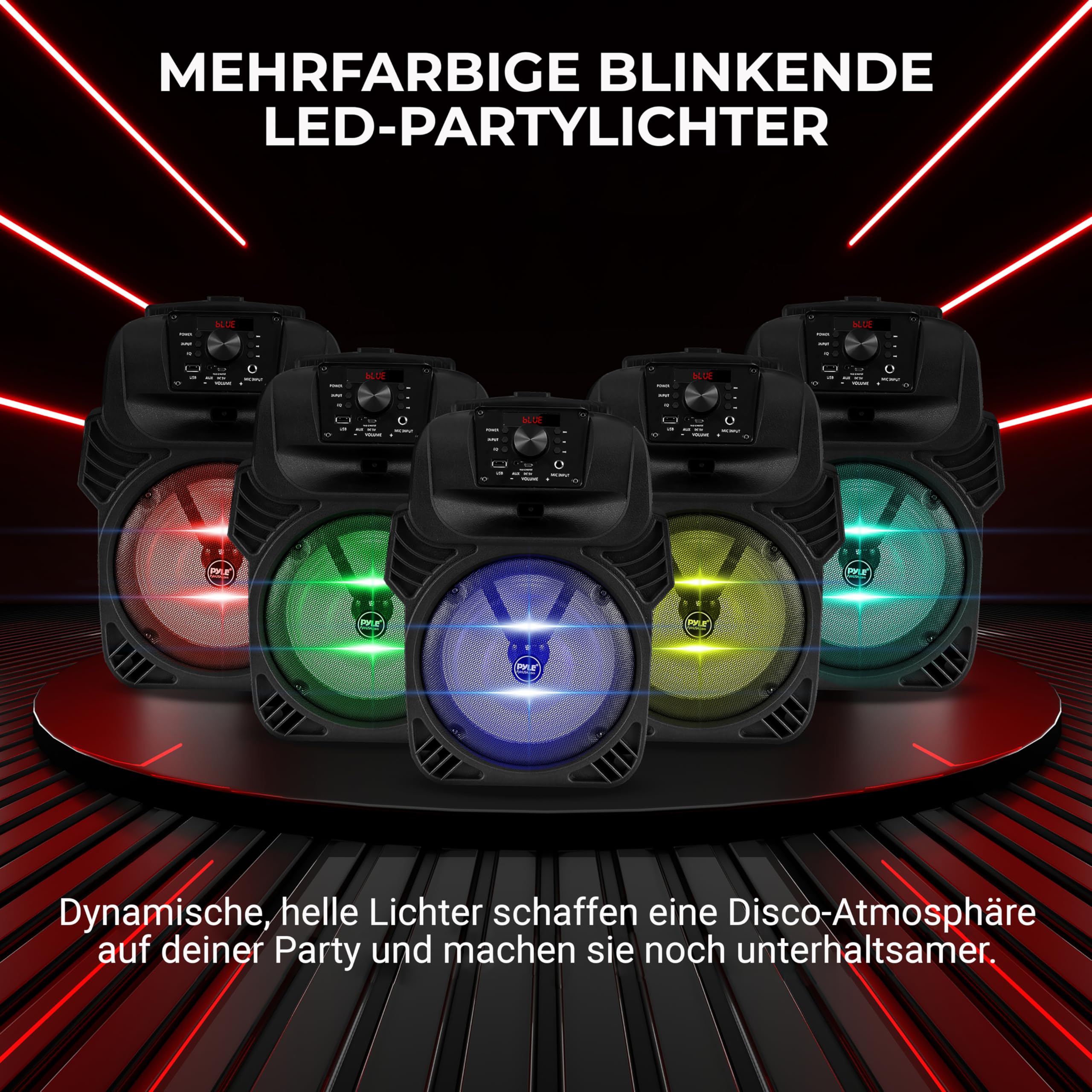 Pyle PA Lautsprecher Bluetooth 400W 8" Subwoofer 4 Ohm 55-20kHz USB MP3 FM-Radio LED Party Lichter Akku Fernbedienung