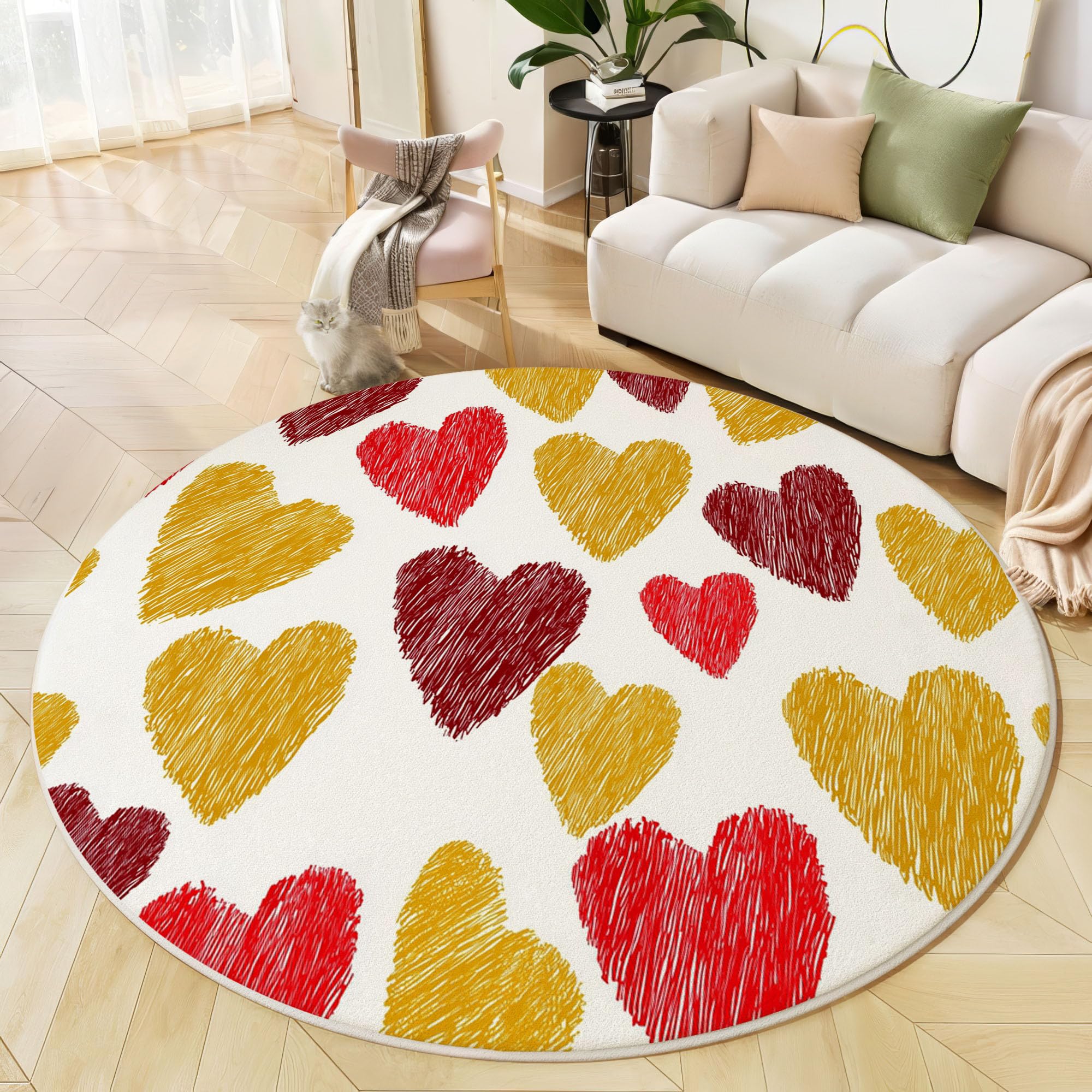 Teppich Rund 120cm Buntstiftmalerei rutschfest Teppiche Liebe Herz Clipart Waschbar Wohnzimmerteppich Kurzflor Weich Runder Teppich Senfgelb for Schlafzimmer Studie Heimbüro