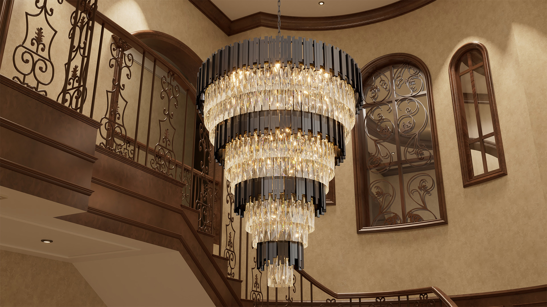 Image of 11-Tier K9 Crystal Chandelier, 32 inch Modern Gold Adjustable Height Pendant Light, Luxury Round Chandeliers for High Ceiling, Foyer, Staircase, Entryway, Two-Story Living Room