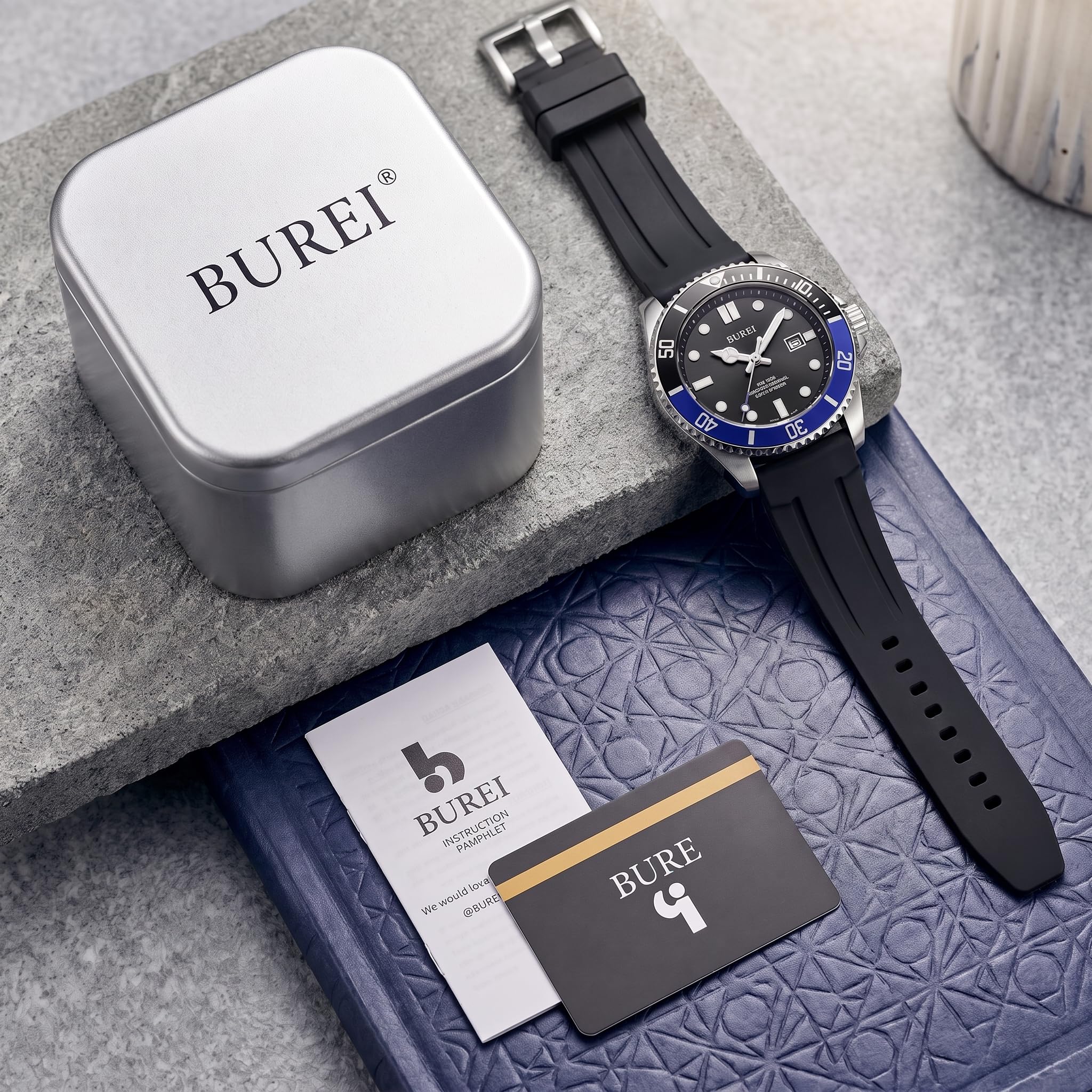 BUREI Orologio subacqueo da uomo, impermeabile fino a 200 m, analogico, al quarzo, in acciaio inox, alla moda, classico, da lavoro, da lavoro, con data automatica