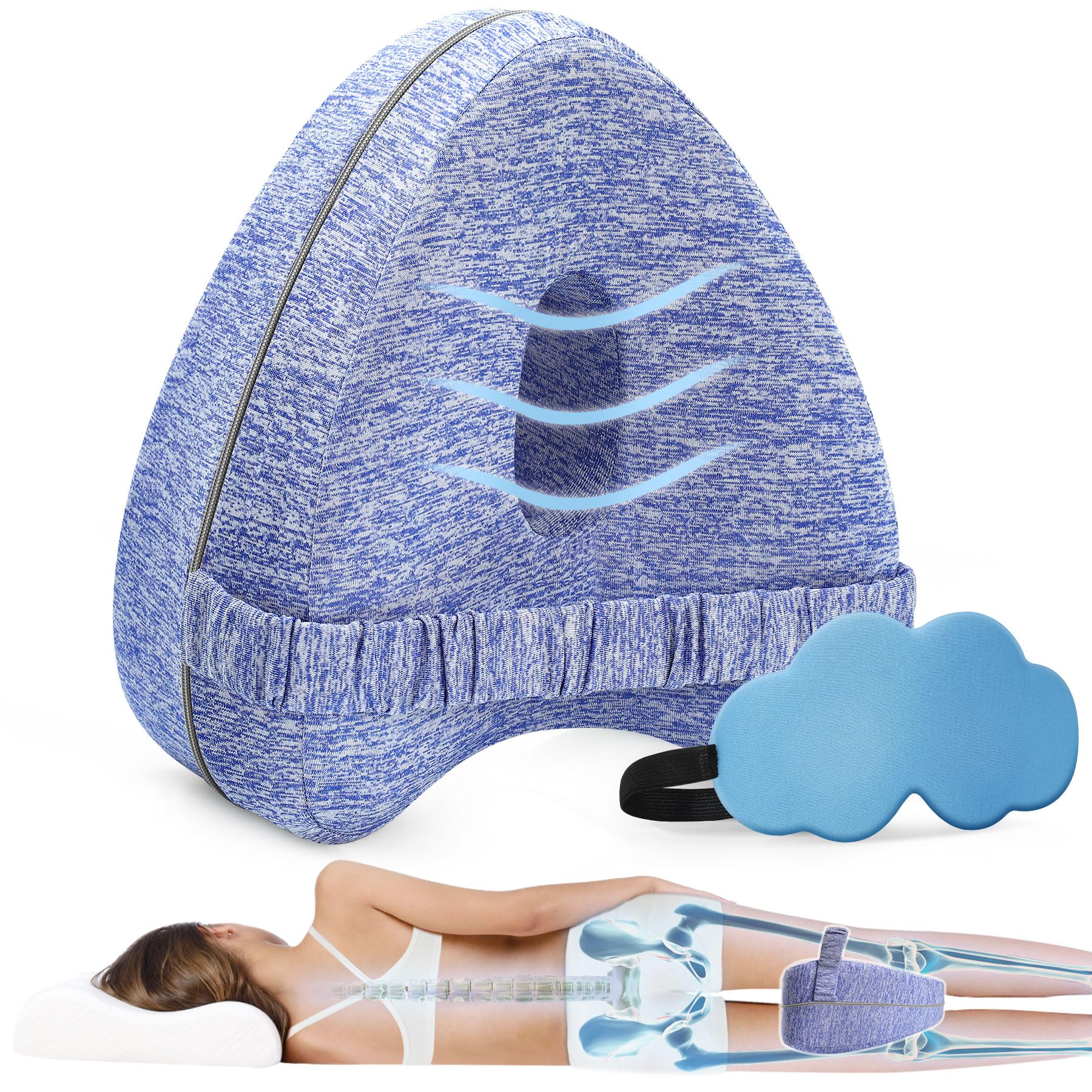 iophi Almohada Ortopédica para Piernas y Rodillas con Antifaz - Cojín Ergonómico de Espuma con Memoria para Dormir de Lado - Alivia Dolor de Espalda, Cadera, Articulaciones (Azul)