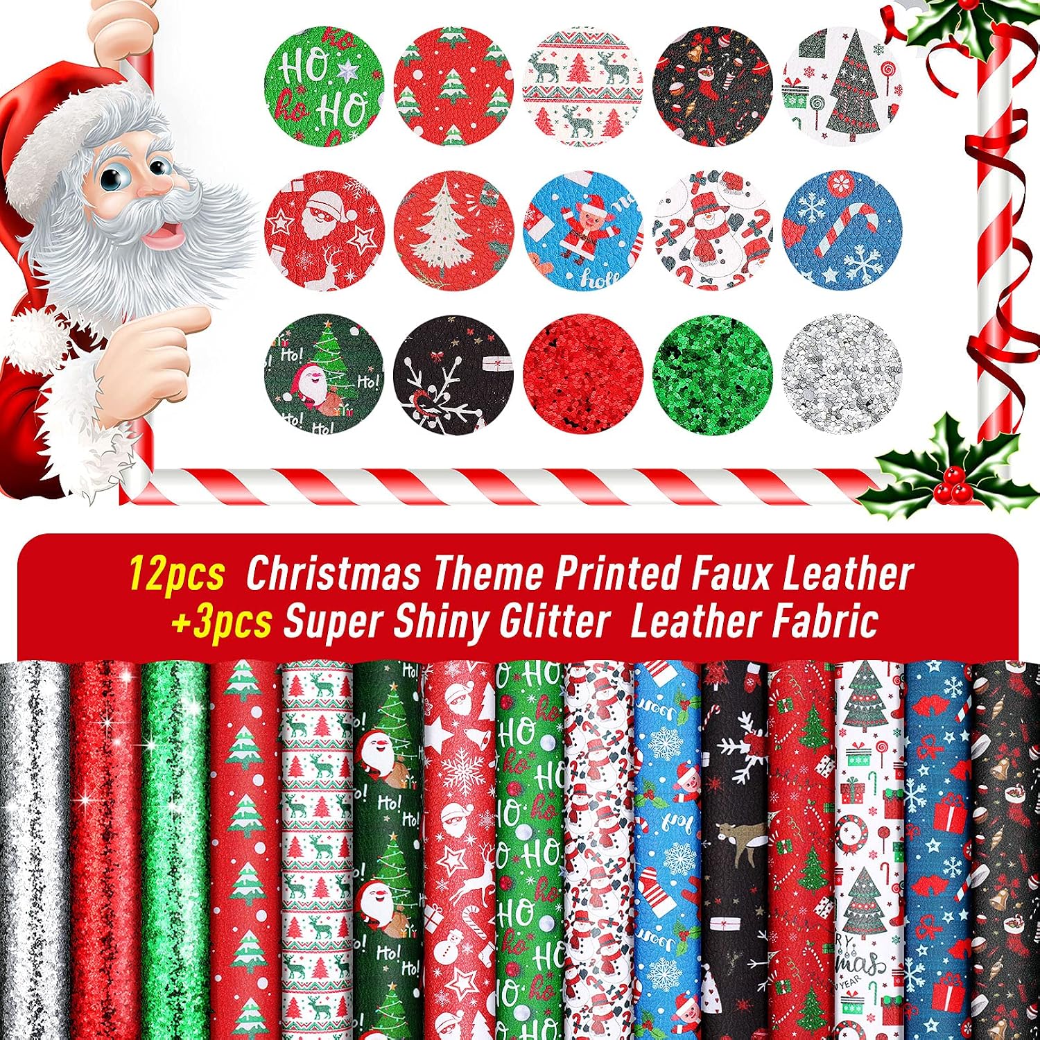 Weewooday 15 Pcs Christmas Glitter Faux Leather Sheets,Classic Style