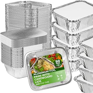 Aluminum Pans With Lids [5"×4" - 50 Sets] Disposable Foil To Go Food Containers With Lids - Freezer Meal Prep Containers | Tin Foil Pans With Cardboard Covers For Takeout Baking Cake Serving Dishes