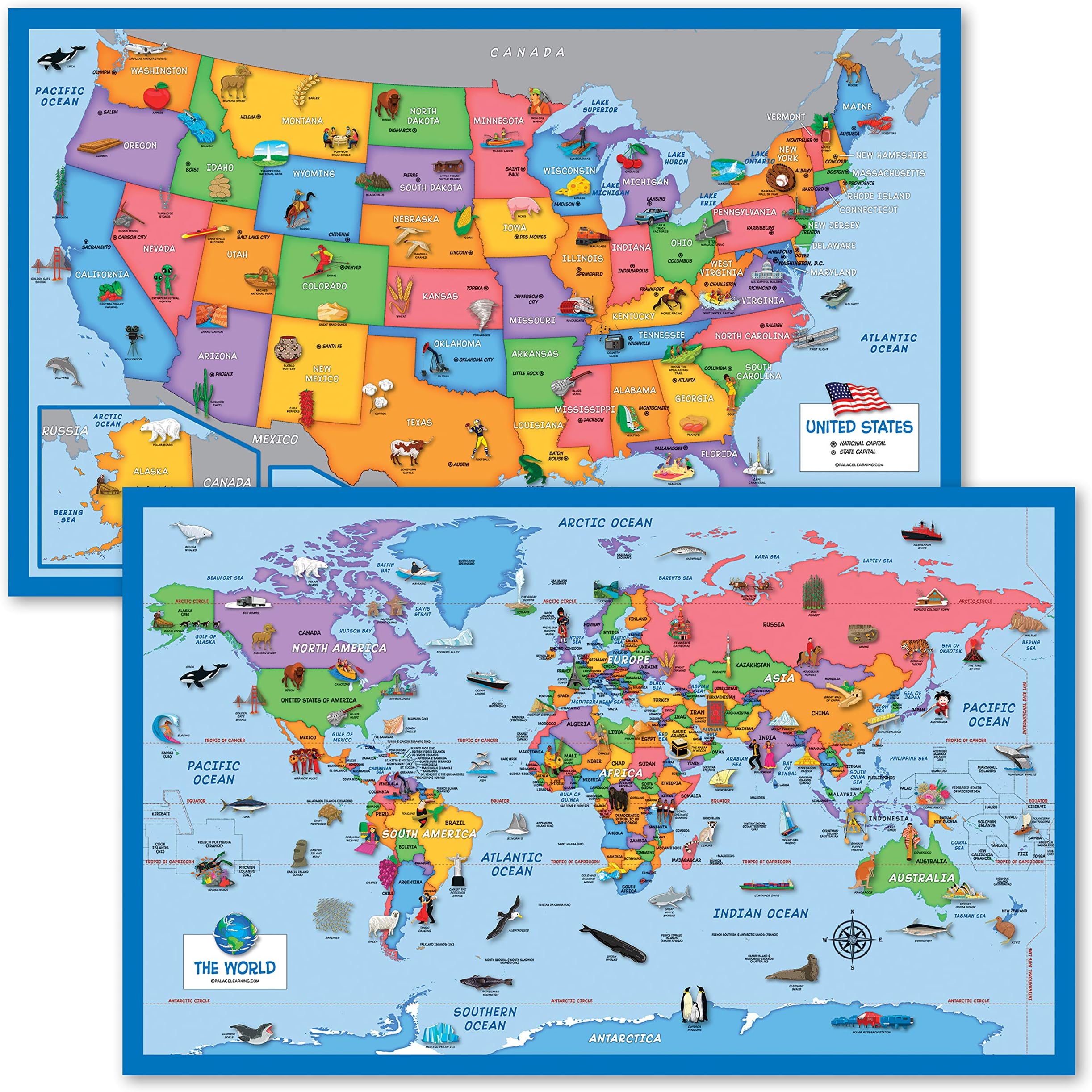 2 Pack - World & USA Map for Kids [Illustrated] - 2 Poster Set (LAMINATED, 18" x 29")