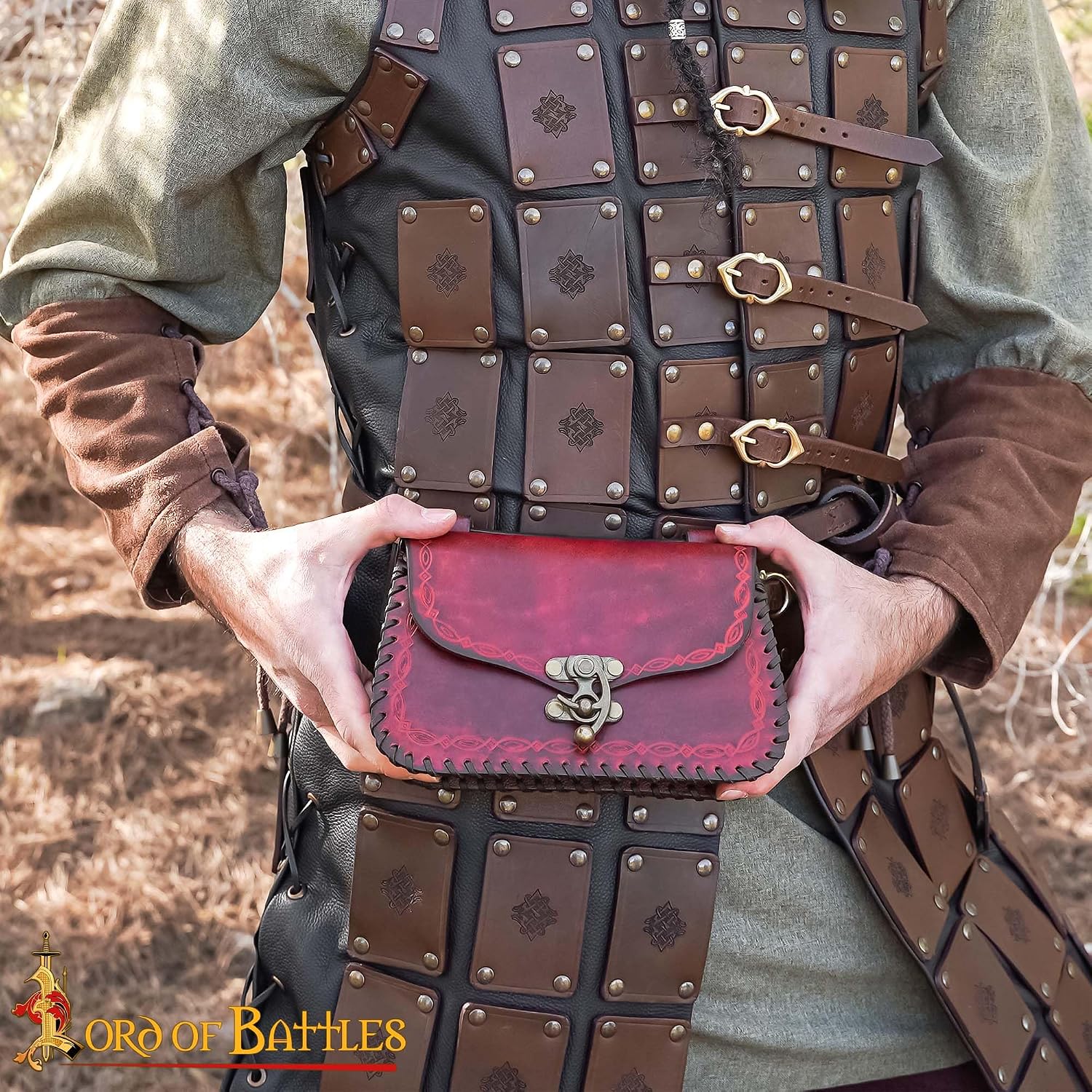 Lord of Battles Genuine Leather Bag The Messenger Belt Bag Medieval Style Waist Cellphone Carry Belt Purse Renaissance Faire Costume Accessories Leather Bag (Maroon)