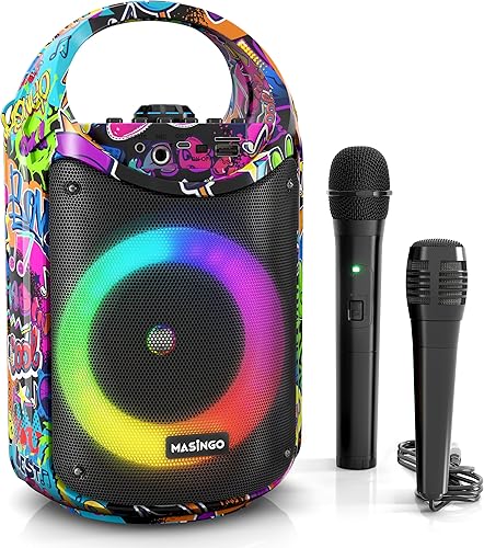 Miniatura 10 de MASINGO Máquina de karaoke para niños y adultos con 1 micrófono inalámbrico de karaoke y 1 micrófono con cable, altavoz portátil PA con luces LED