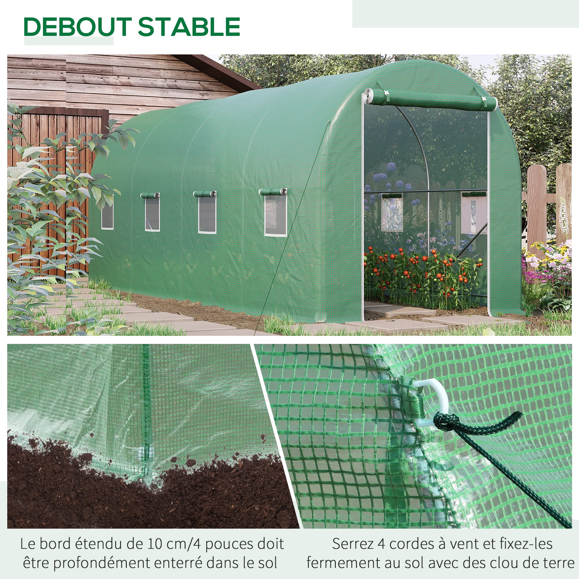 Outsunny Serre de Jardin Tunnel Surface Sol 10 m² 5L x 2l x 2,05H m châssis Tubulaire renforcé Porte zippée 8 fenêtres enroulables Vert