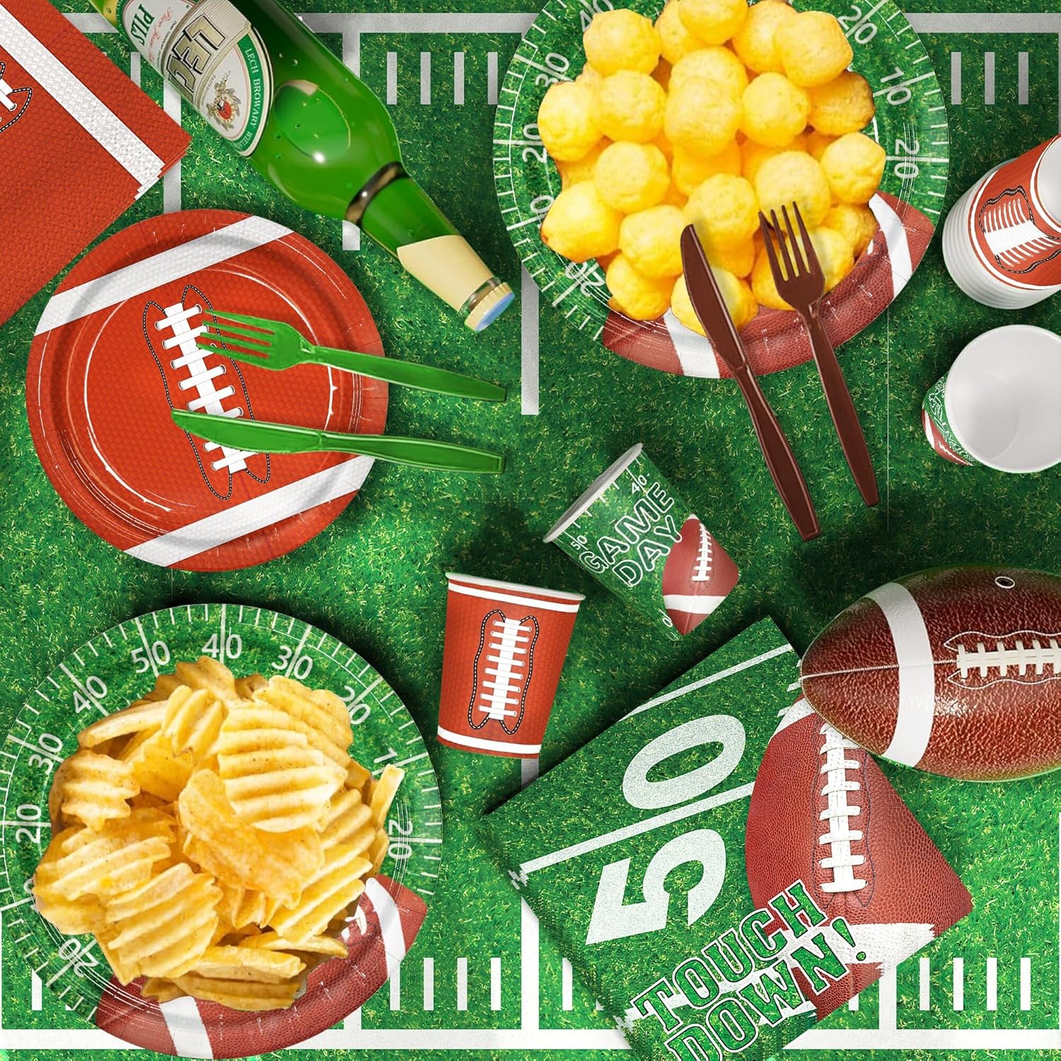146Pcs Football Party Decorations Football Birthday Party Supplies Serves 24 With Football Party Set Lncludes Dinner Plates, Napkins, Knife, Fork, Cups Tablecloth and Party Banner - Image 3