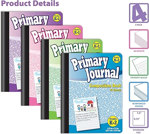 Miniatura 3 de Better Office Products Diario primario, tapa dura, 4 nuevos colores divertidos, cuaderno de composición primaria, grados K-2, 80 hojas, un tema,
