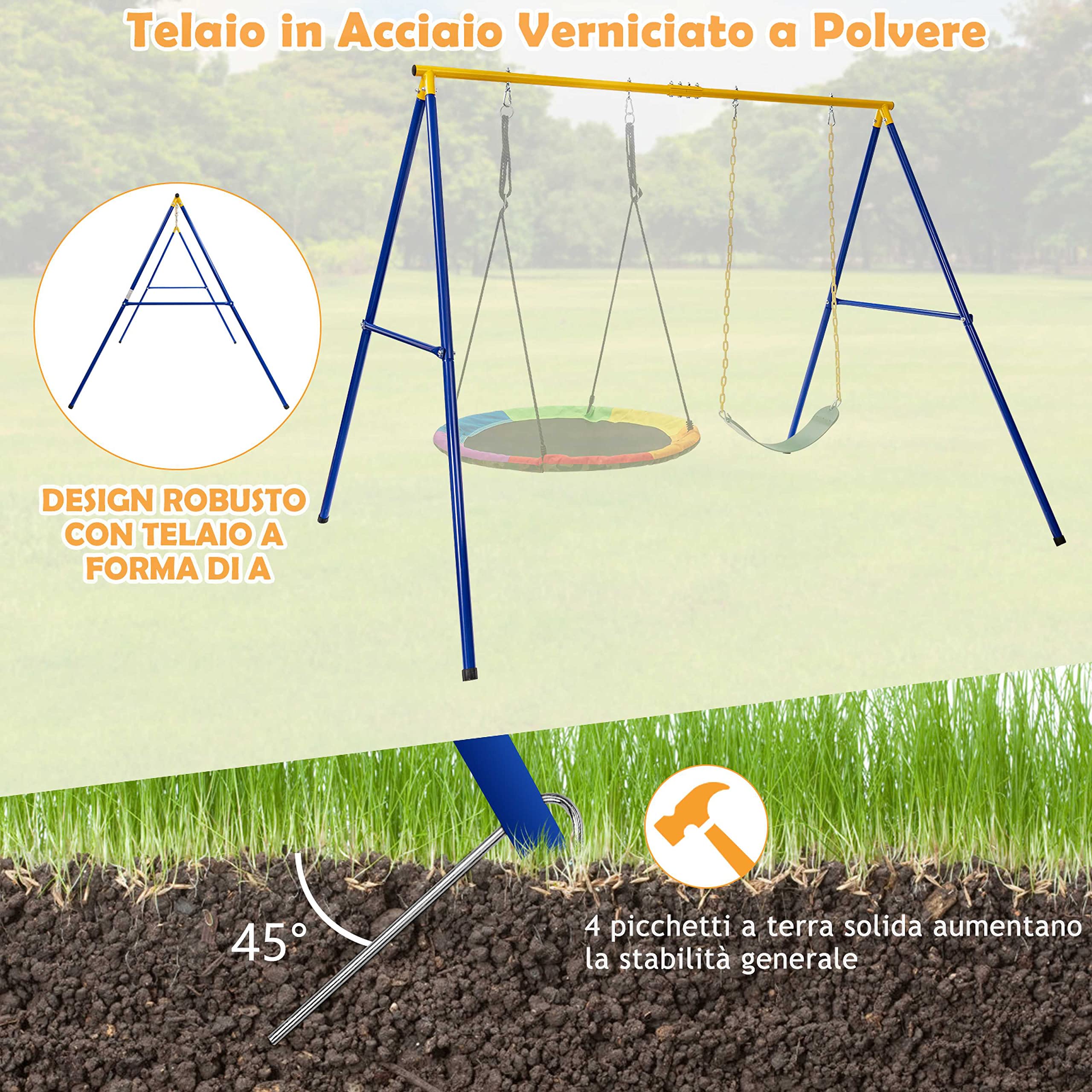 COSTWAY Set Altalena da Giardino per Bambini, Struttura di Metallo ad A con 1 Sedile in EVA Morbido e 1 Altalena Nido, Capacità 300 kg, Ideale per Giardino Parco Giochi (Giallo+Blu, Altalena+Supporto)