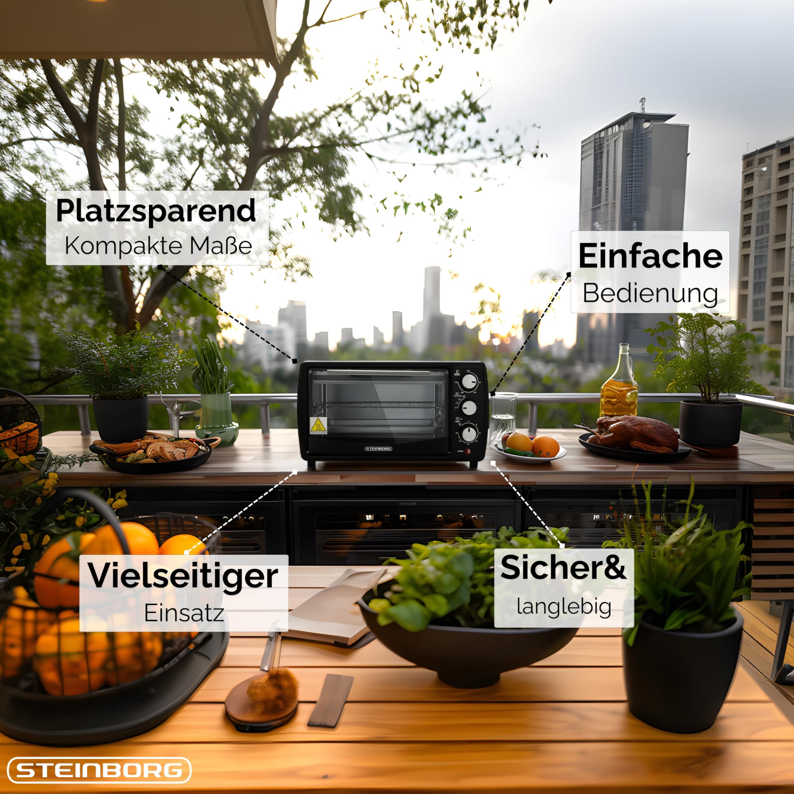 Steinborg Mini Backofen 13 Liter | Pizzaofen | 60°-250°C | Timer | aufklappbares Krümelblech | Minibackofen | Backofen | Kleiner Backofen | 900 Watt