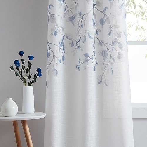 Central Park Leaf Floral Print Metallic Sheer Linen Window Curtain Panel for Rustic Living Room/Bedroom Sparkling Decorative 6 Grommets Top Drape Panels Farmhouse Curtains, Navy Blue,40" x 63"x2, 2 PK