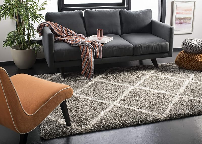 Alfombra cuadrada SAFAVIEH Hudson Shag 5'3", enrejado de felpa gris y marfil SGH281B