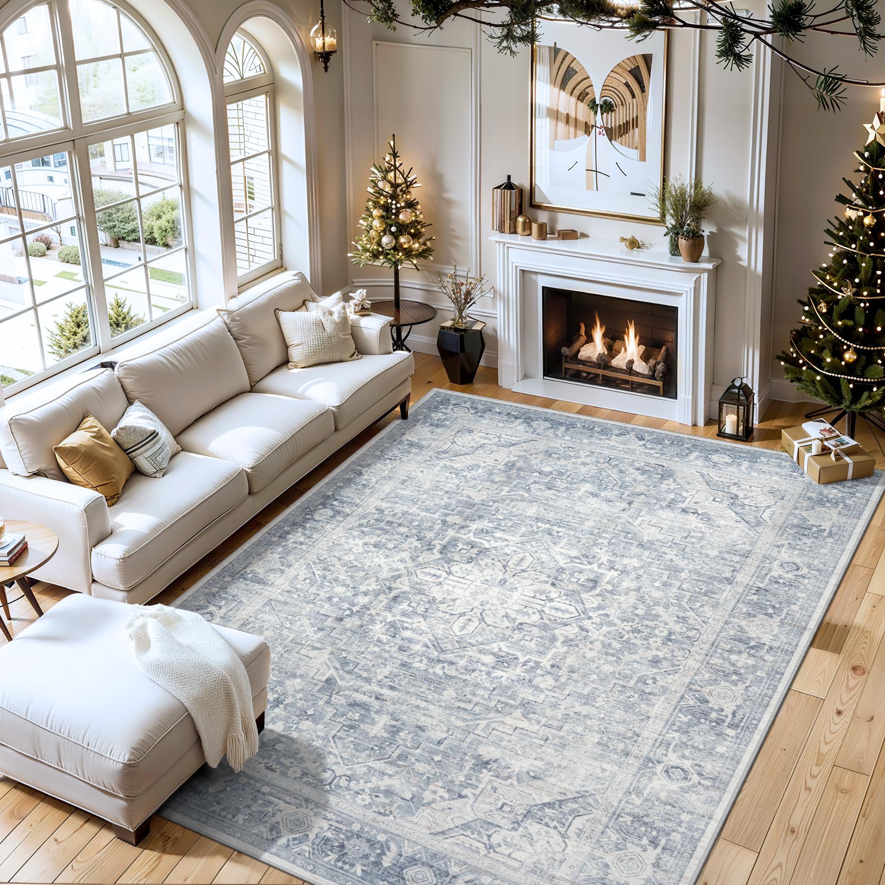 Area Rug 9x12 Living Room Rug, Soft Vintage Washable Rug with Anti-Skid Backing Stain Resistant Thin Indoor Carpet Large Area Rug for Bedroom Under