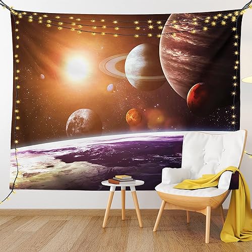 Miniatura 9 de Ambesonne Tapiz de galaxia, vista temática espacial de los planetas desde la Tierra, arte de sala de ciencia con sol y luna, decoración de tela para